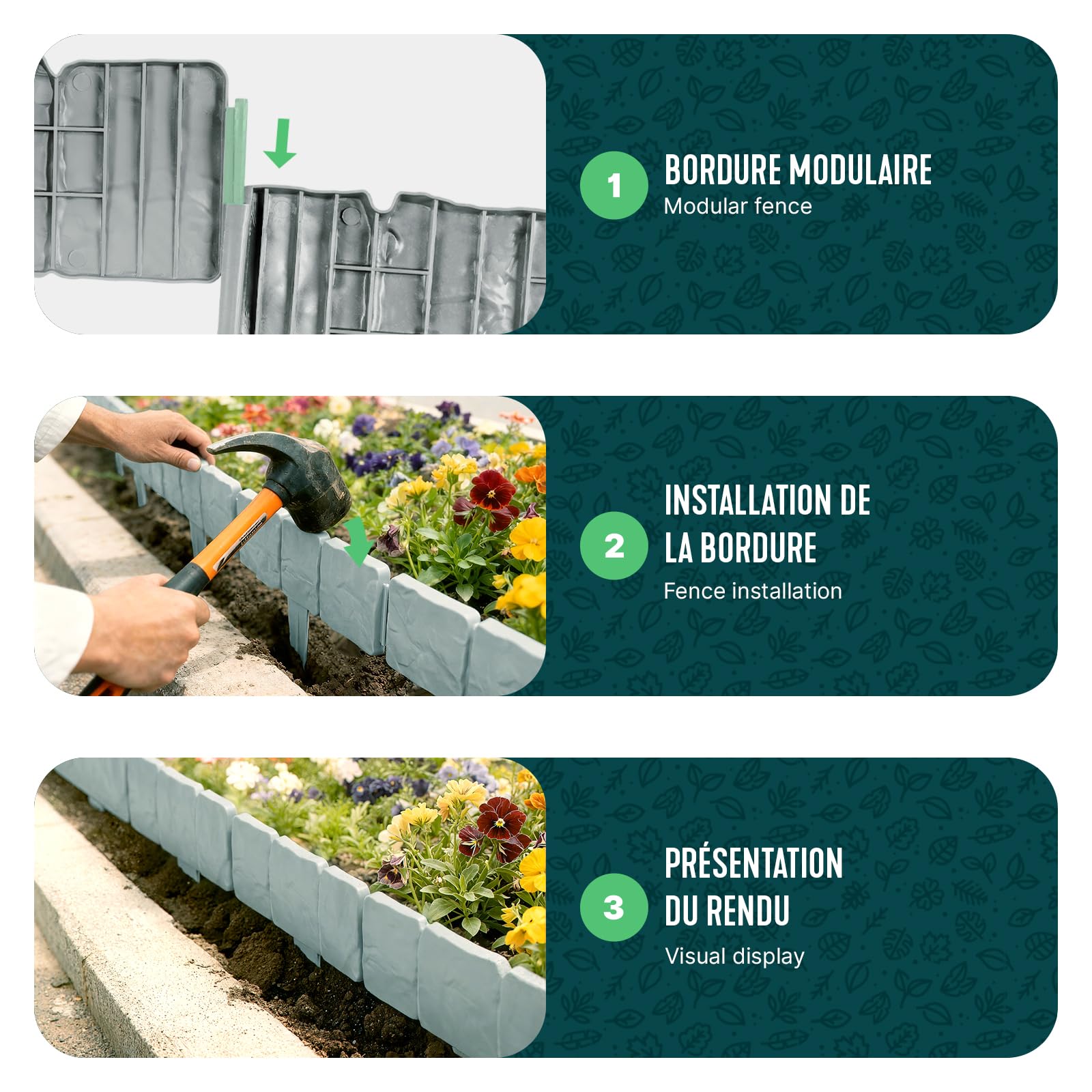 VOUNOT® Borde Jardín Efecto Piedra 15M PP Set 60 Bordura 25x23cm Gris Claro