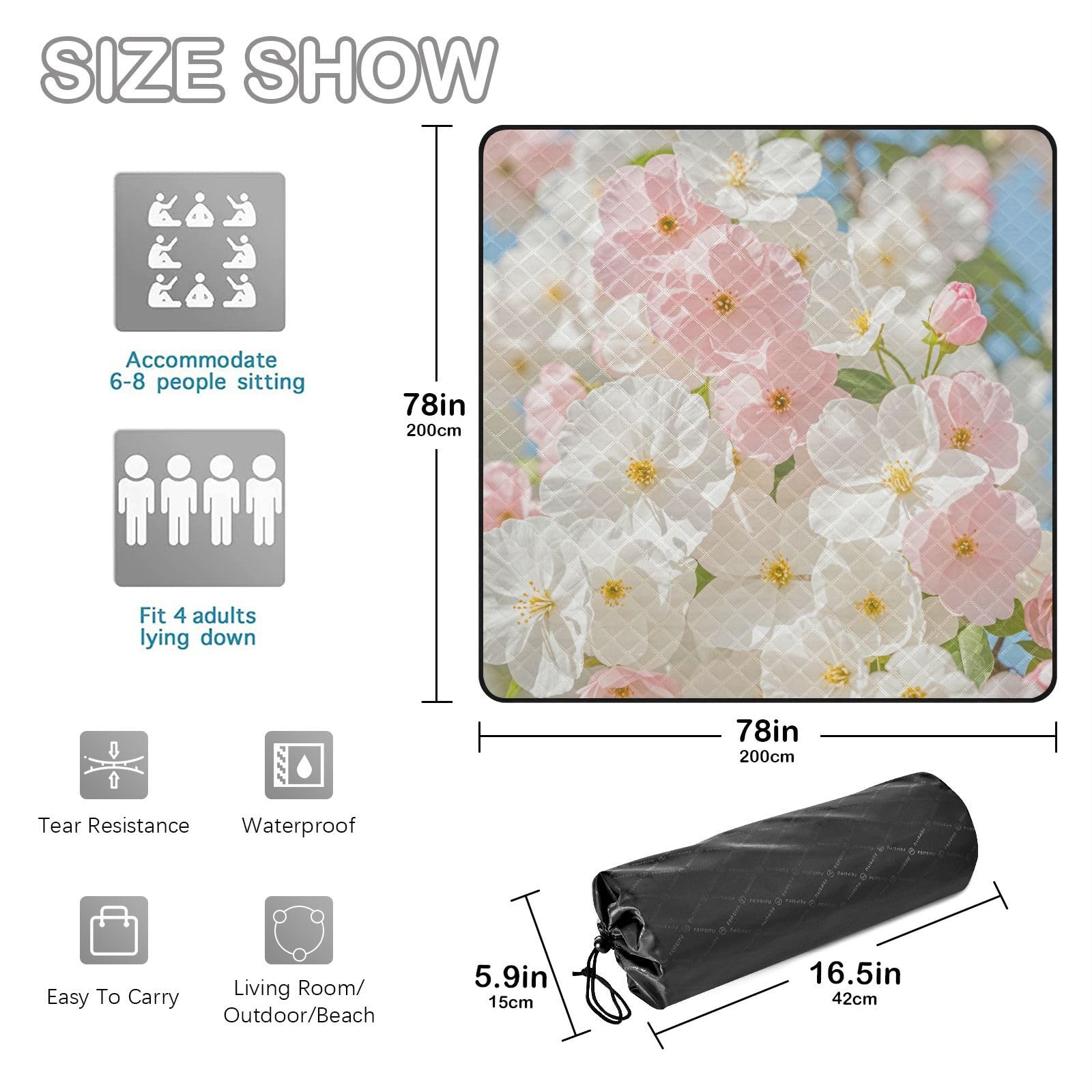 Manta de playa impermeable para exteriores, color rosa y flores y blancos en verano, portátil, resistente a la arena, manta de playa para mujeres, regalo de 30 años, manta de picnic extra
