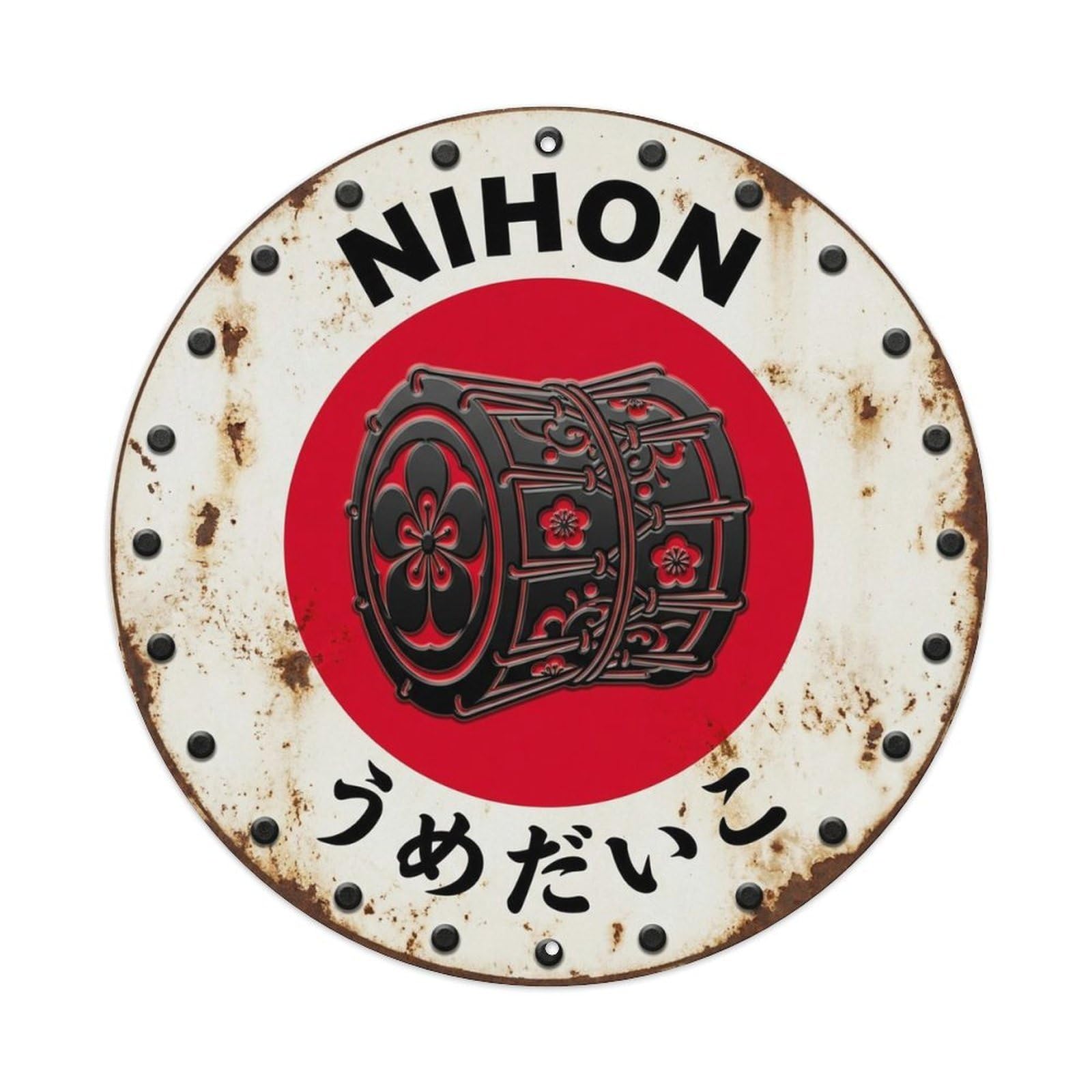 Plum Blossom Drum Nihon Spring Flower Aged Market Badge Metal Tin Sign Plaque Wall Decor for Cafe, Man Cave, Club Bar, Office, Home Garden Round Metal Poster 8x8Inch