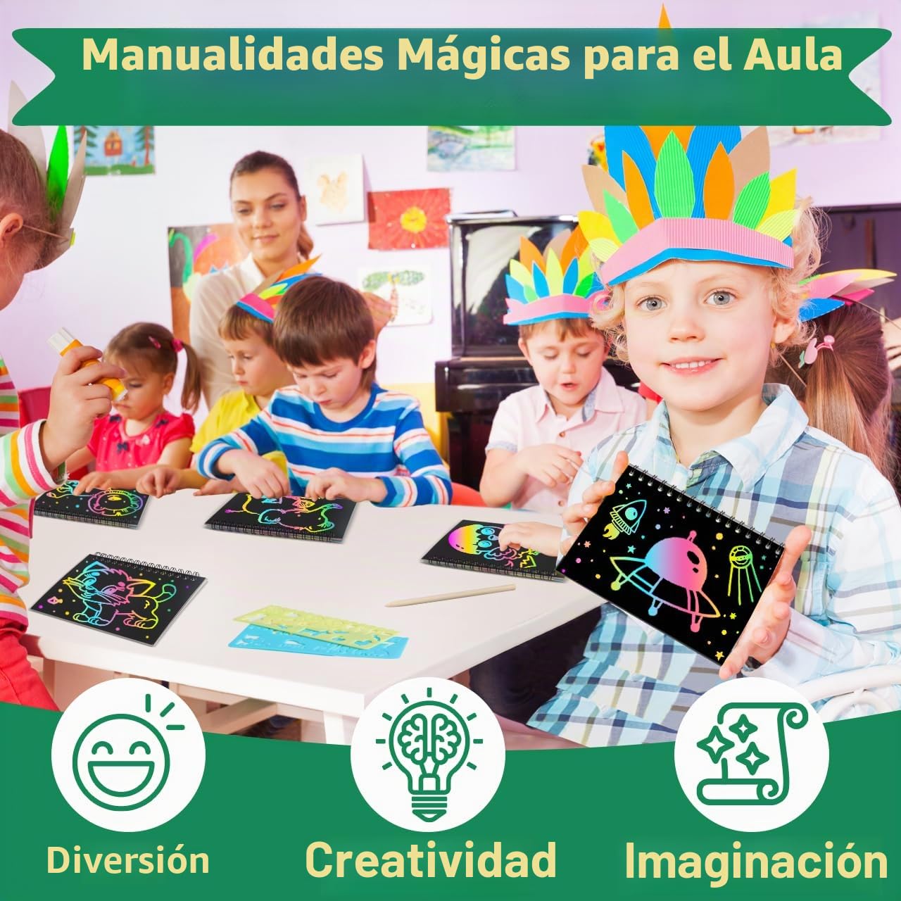 ZMLM 24 Libros Scratch Art Manualidades Kit con 24 Plantilla y Lápiz de Madera, Regalos Cumpleaños Niños Colegio, Detalles cumpleaños niños, Regalo niño y Niña Alumnos 3 a 12 Años