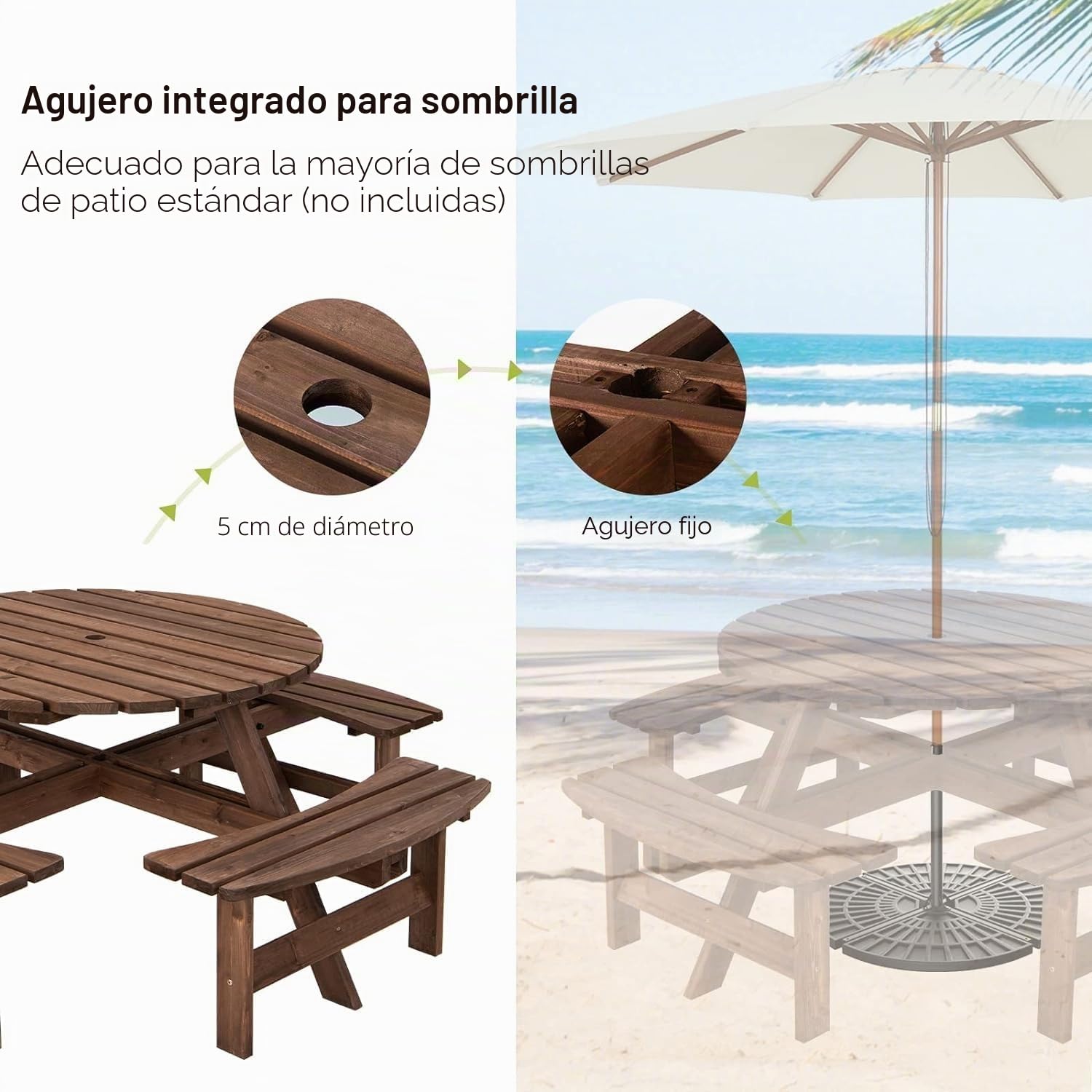 GIANTEX Juego de Muebles de Jardín al Aire Libre de Madera de Abeto para 8 Personas, Juego de Mesa de Picnic con Agujero para Sombrilla para Patio, Jardín, Terraza