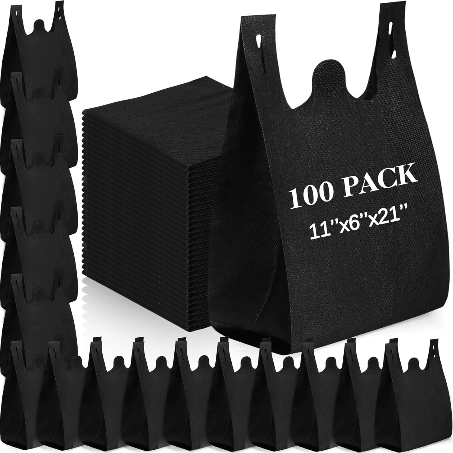 Windyun Large Grocery T-shirt Bags Bulk Reusable Non Woven Shopping Bag Foldable Gift Tote with Handle, 21x11x6 Inch