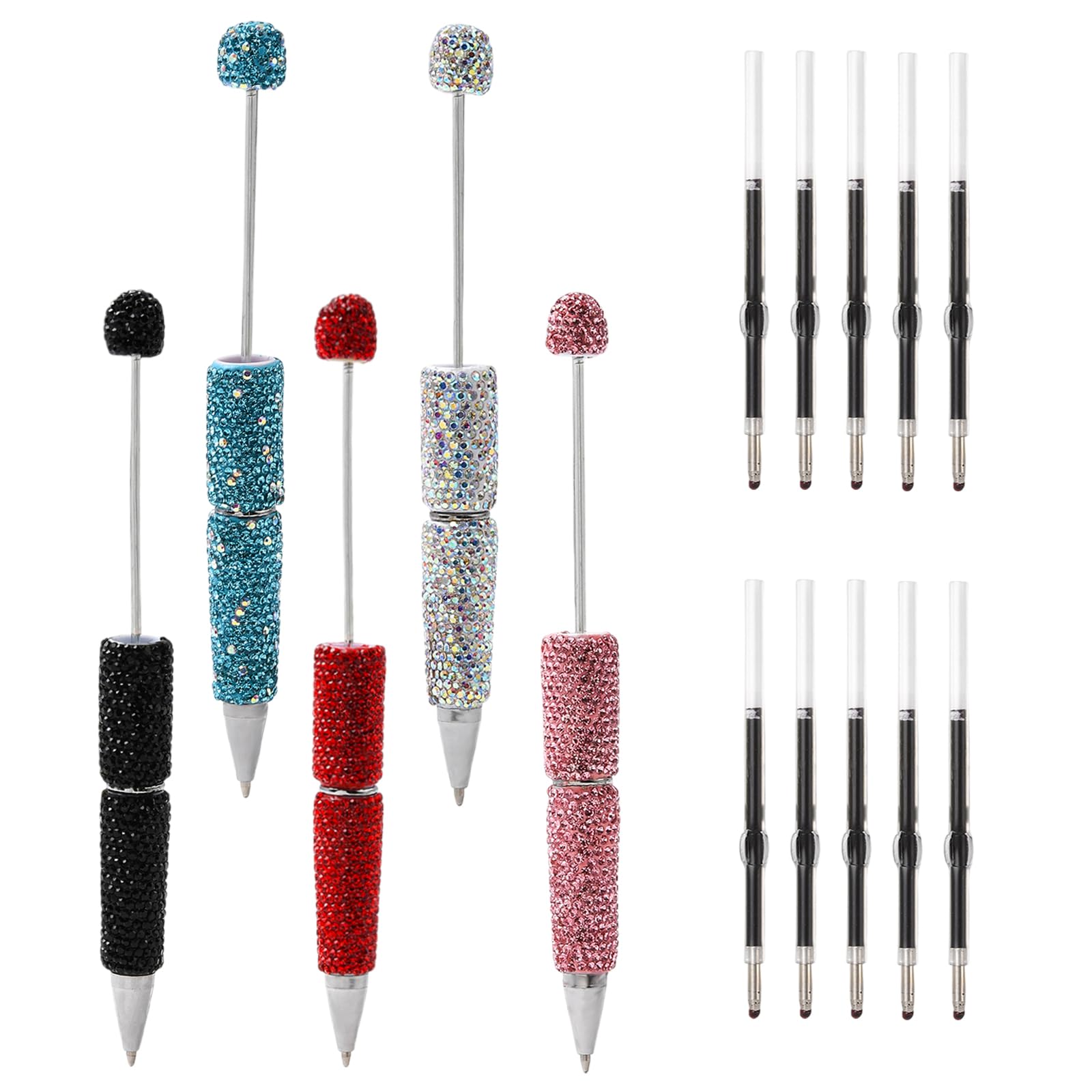 HUAAPLEVLA 5 Pcs Full Rhinestone Beadable Pens Bulk Cute Journaling Pen for Beads Plastic Beaded Pens with Refills for DIY Pen Making Supplies Office Staff School Teacher Students Gifts