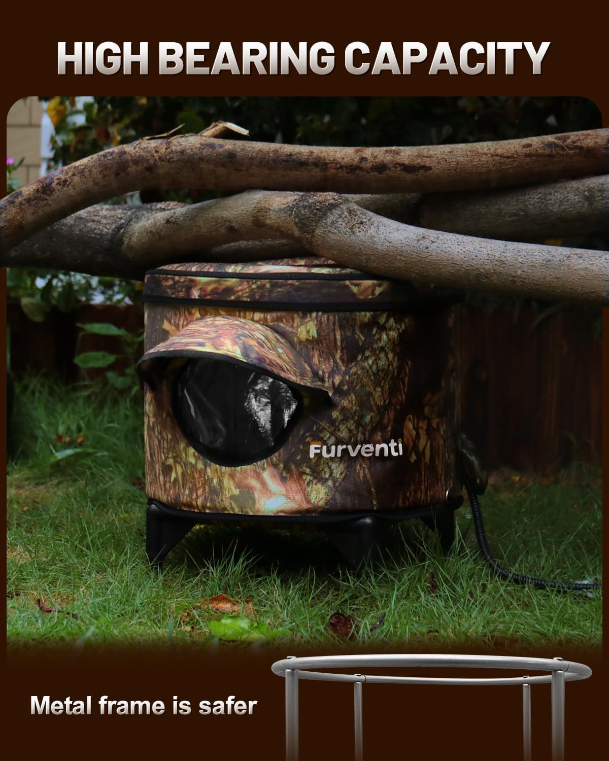 Heated Cat House for Outside,Metal Frame,Barrel Design,Extremely Weatherproof & Insulated in Winter,Elevated Outdoor Cat Shelter with Eaves & Escape Door for Feral Stray Barn Cat(Leaves,Large)