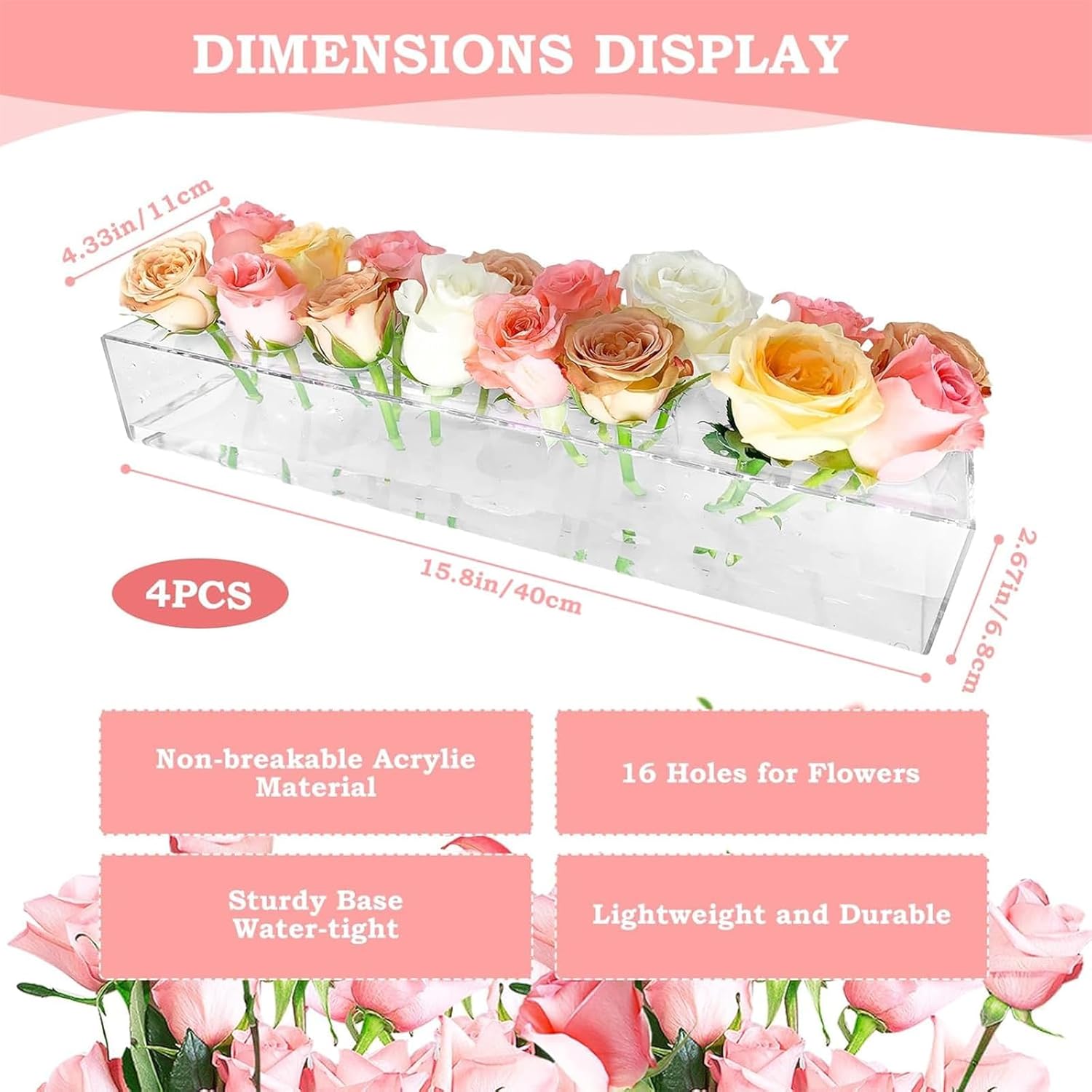 4Pcs Acrylic Flower Vase with 64 Holes,63 inch Decorative Long Clear Vase Modern,Rectangular Acrylic Vases Clear Floral Centerpiece for Dining Table Reception Home Party Decorations