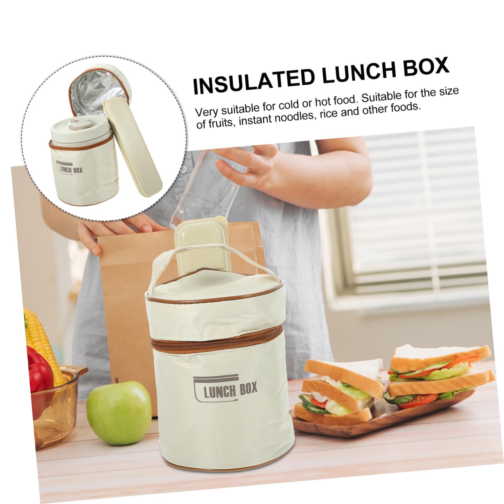 Toyvian Bento Box in Acciaio Inossidabile 600ml con Coperchio Beige | Capacità 440ml, Struttura Isotermica Riutilizzabile, Manico Integrato, Formato per Pasto Singolo