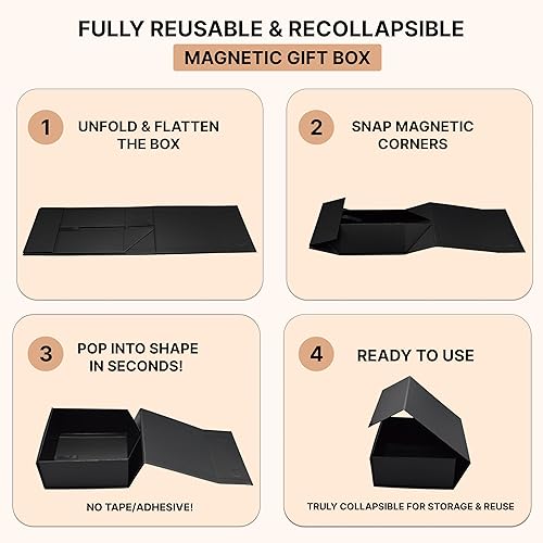 Miniatura 4 de CECOBOX Caja de regalo de 6 x 6 x 2.75 pulgadas, 5 unidades, cierre magnético plegable negro mate para embalaje de regalo, caja de propuesta de dama