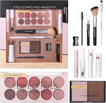 Beginner Makeup Set - Women Full Kit, 11 Piece Mascara Concealer Eyeshadow Lipstick Lightweight Durable Stable Portable Easy to Use Clean Beauty | Girls Teens Christmas Birthday Wedding Party Shopping