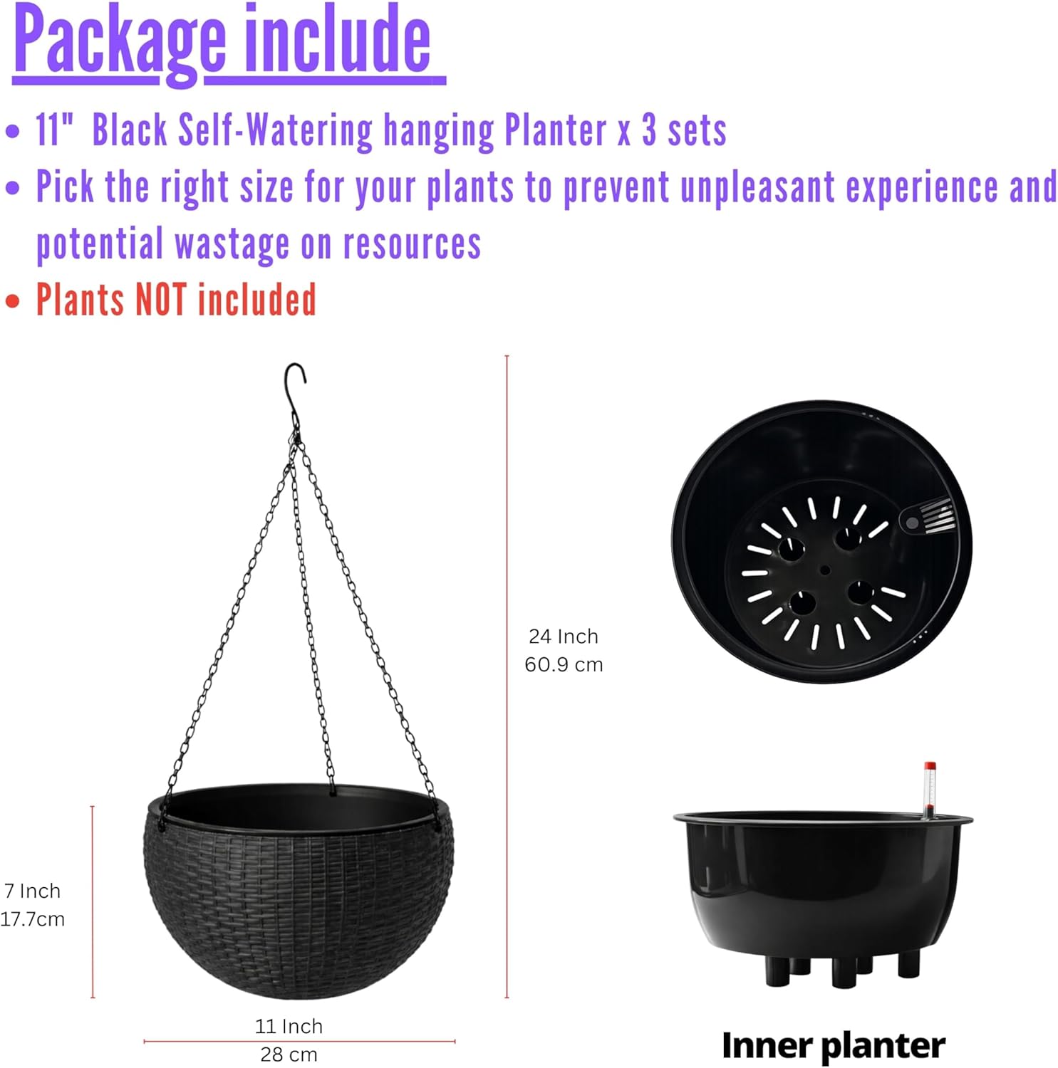 LaLaGreen Hanging Planters for Indoor Plants (11 Inch, 3 Pack) Self-WateringStyle Hanging Flower Pots with Water Level Indicator, Black Metal Chain Baskets for Porch Garden Balcony Decor Black X 3 Pack