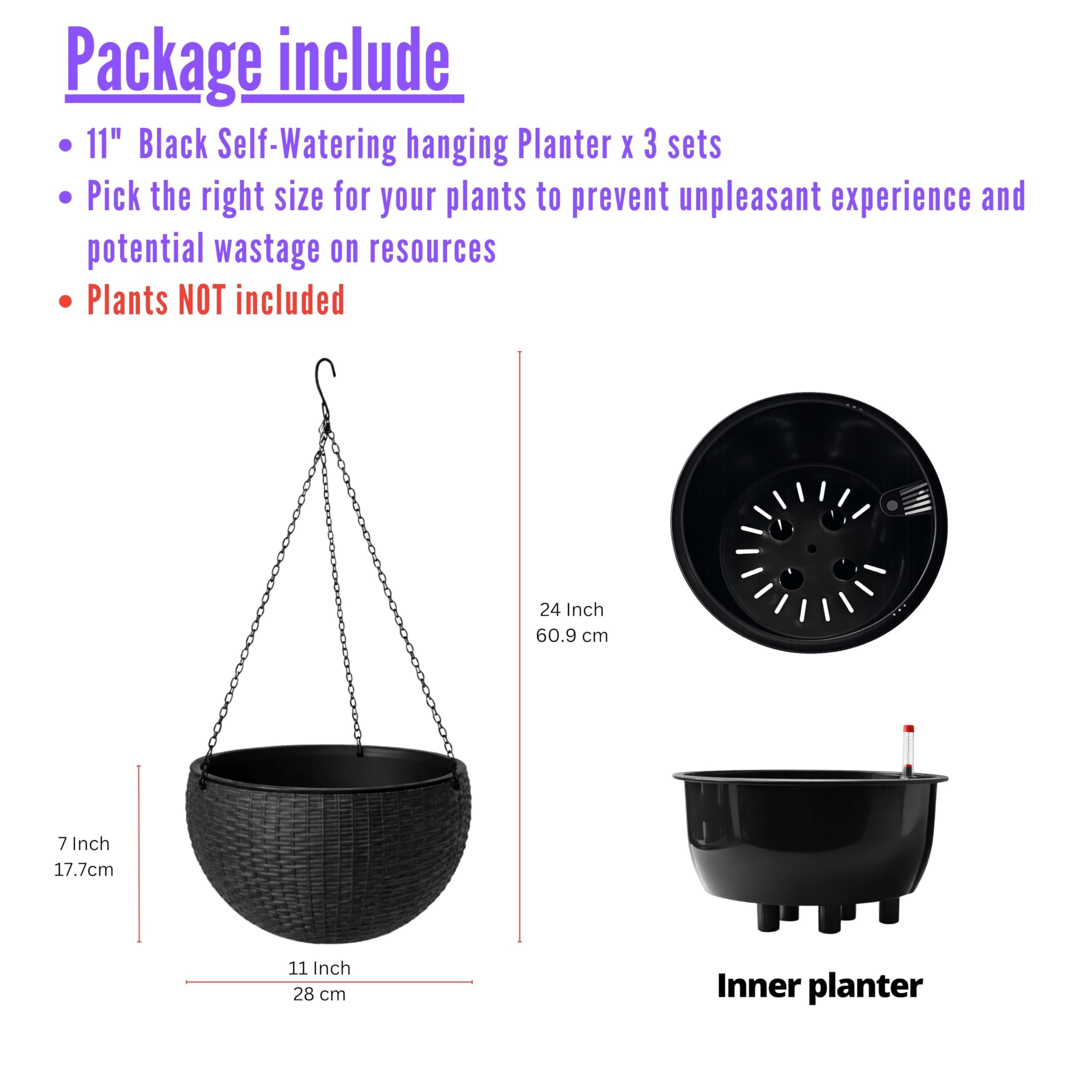 LáLáGreen Vaso Sospeso Autoirrigante da 28 cm con Indicatore del Livello dell'Acqua, Fioriera Rotonda Effetto Rattan con Catena in Metallo per Balcone, Giardino e Terrazza (3)