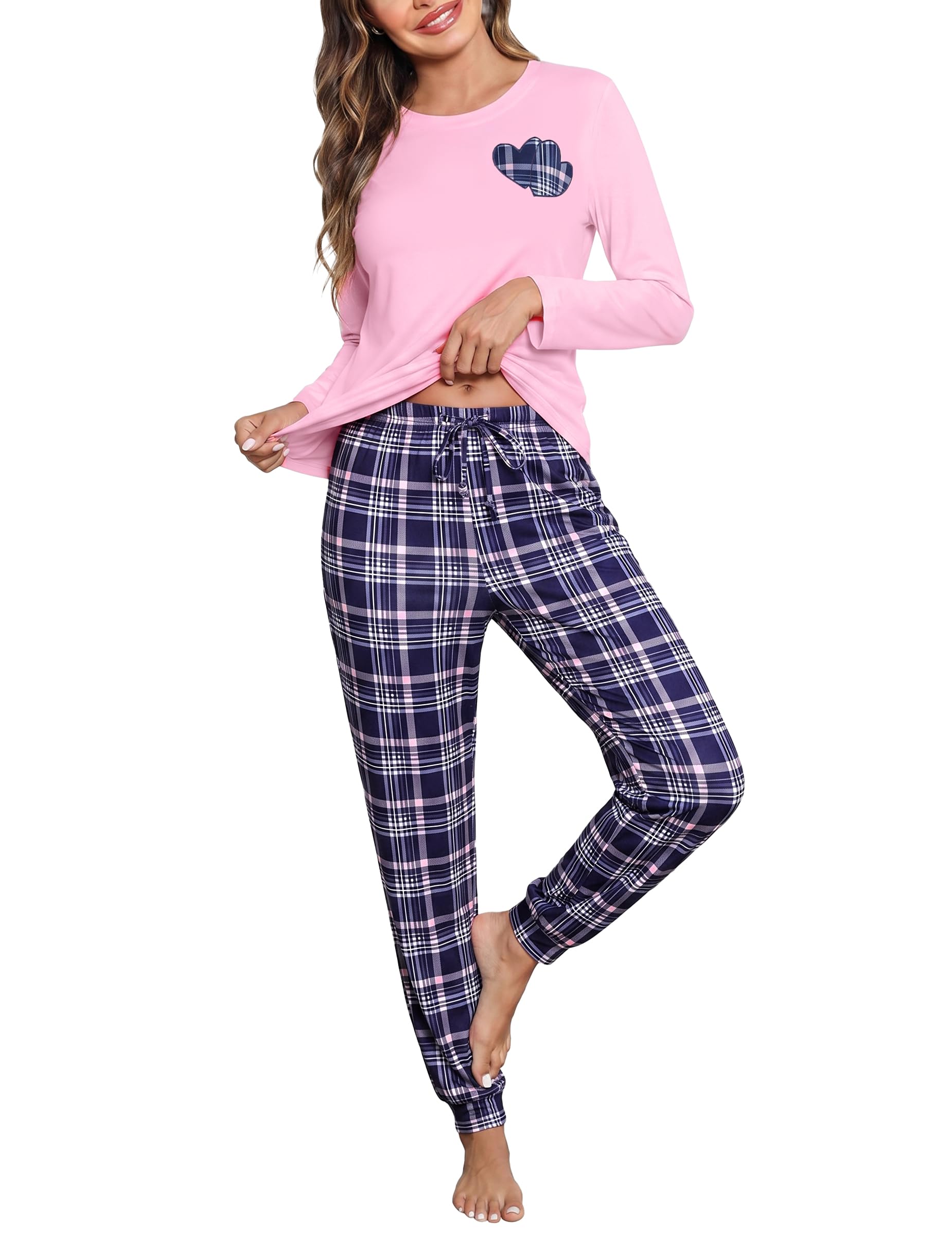 Bresdk Schlafanzug Damen Lang Pyjama Set Herz Winter Hausanzug mit Karohose | Langarm-Oberteil, Loungewear, Rundhals mit X-Stitch, elastischer Bund, Kordelzug, Taschen und Beinbündchen, S–XXL