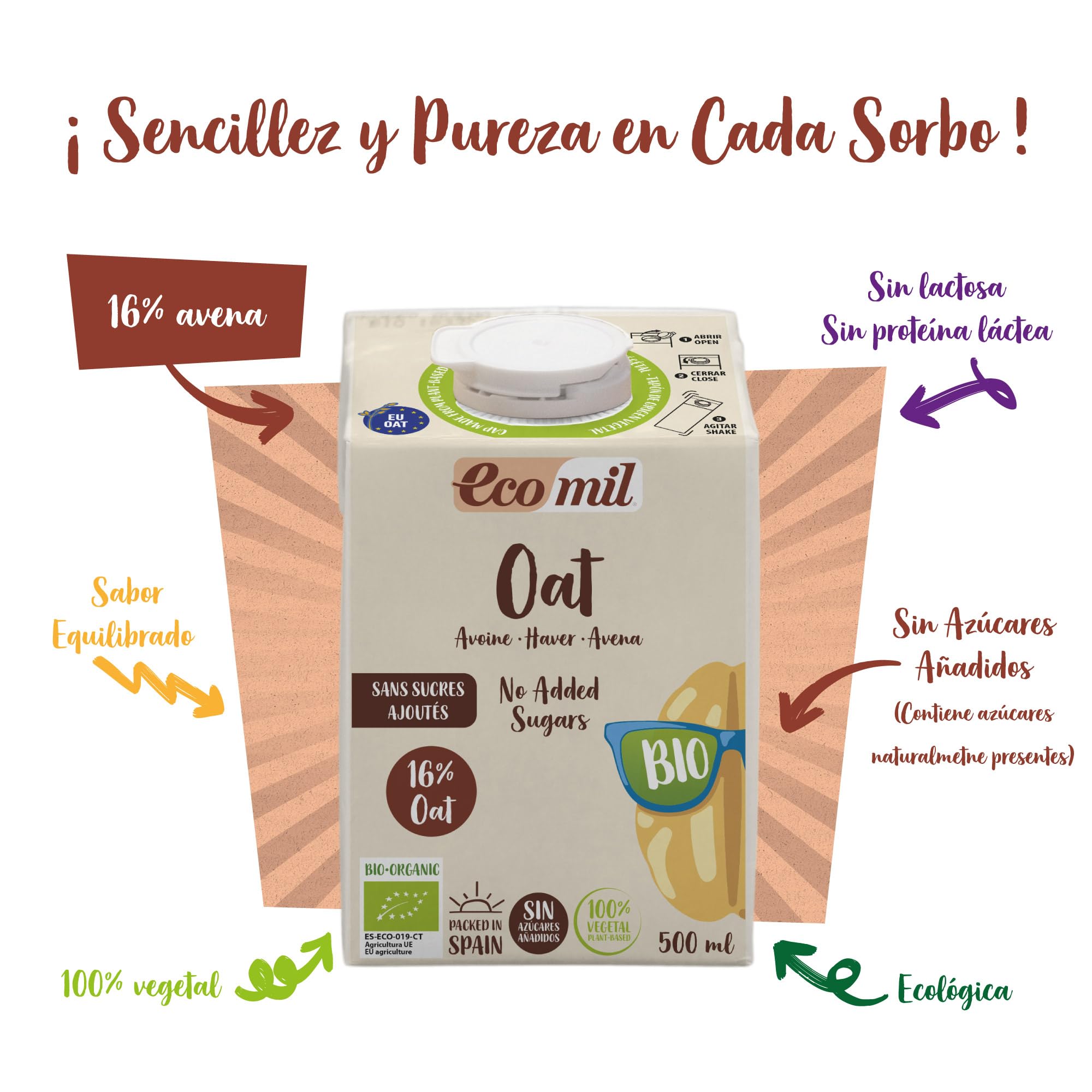 Ecomil Bebida de Avena 16% Bio Pack 6 x 500 ml, Sin Azúcares Añadidos, Vegana, Alternativa a la Leche