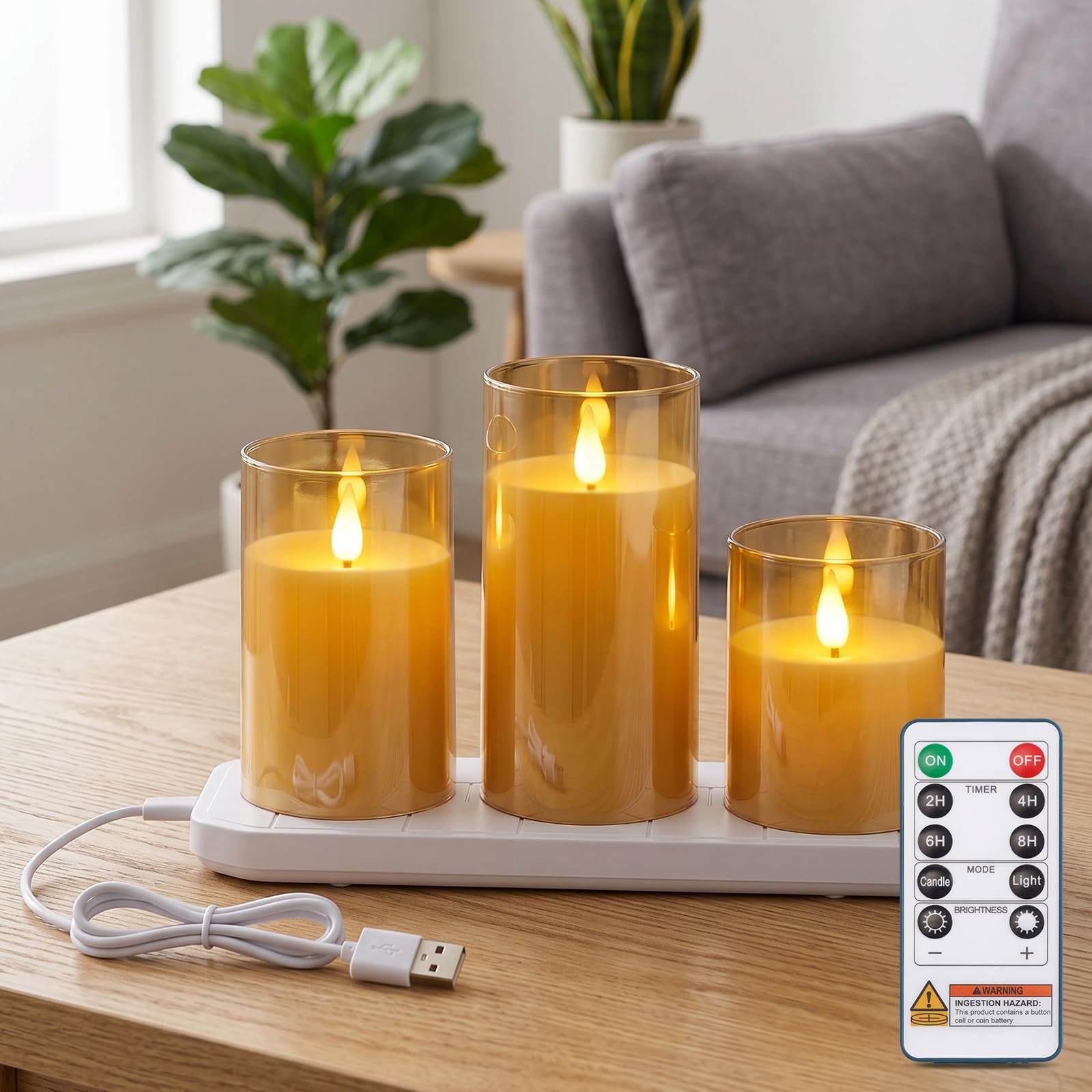 Homemory Amber Rechargeable Flameless Candles with Remote Timer, Set of 3