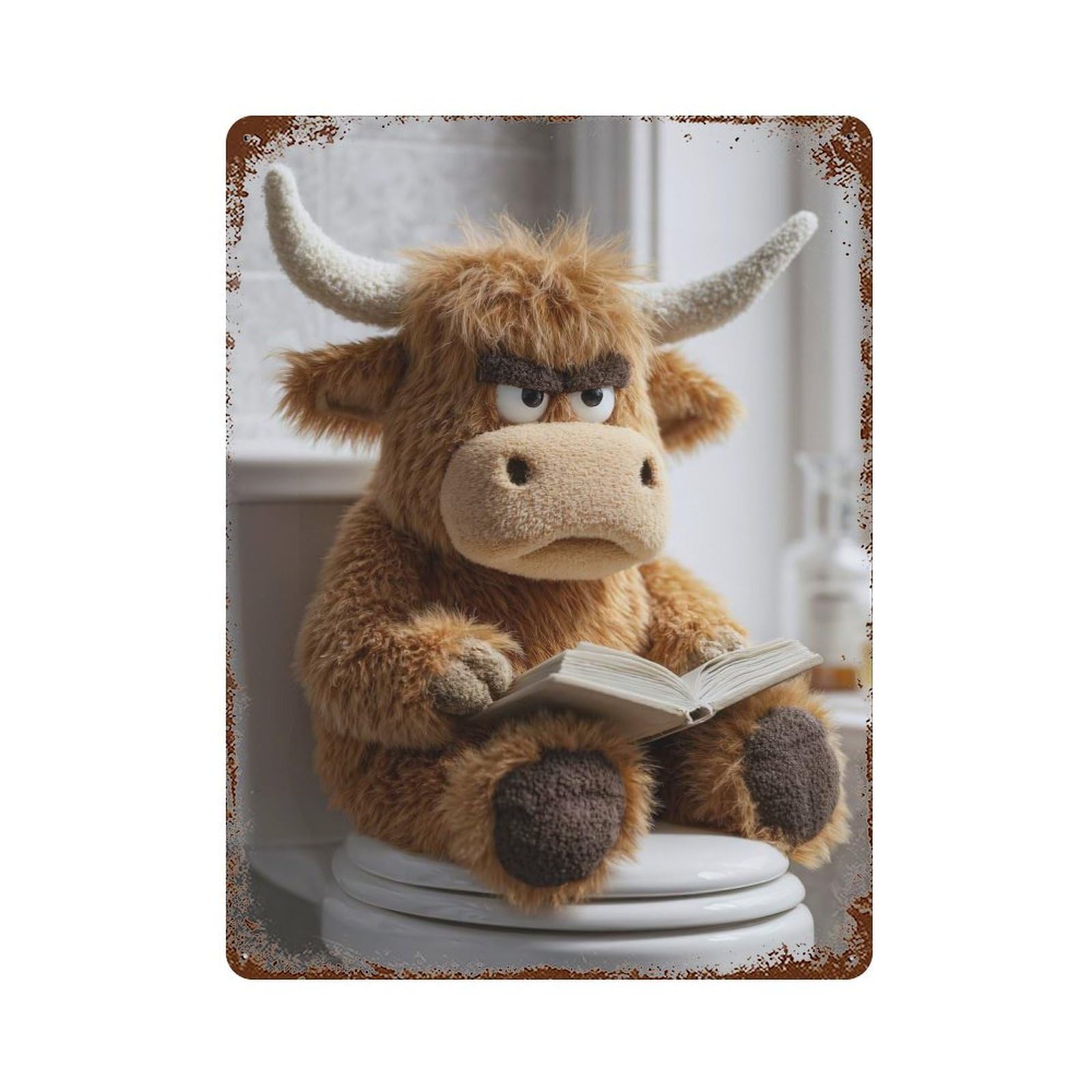 Grumpy Highland Cow Reading on Toilet Aged Metal Wall Plaque 15.7"x11.8", for Office, Studio And Wall Decor, Novelty Wall Decor