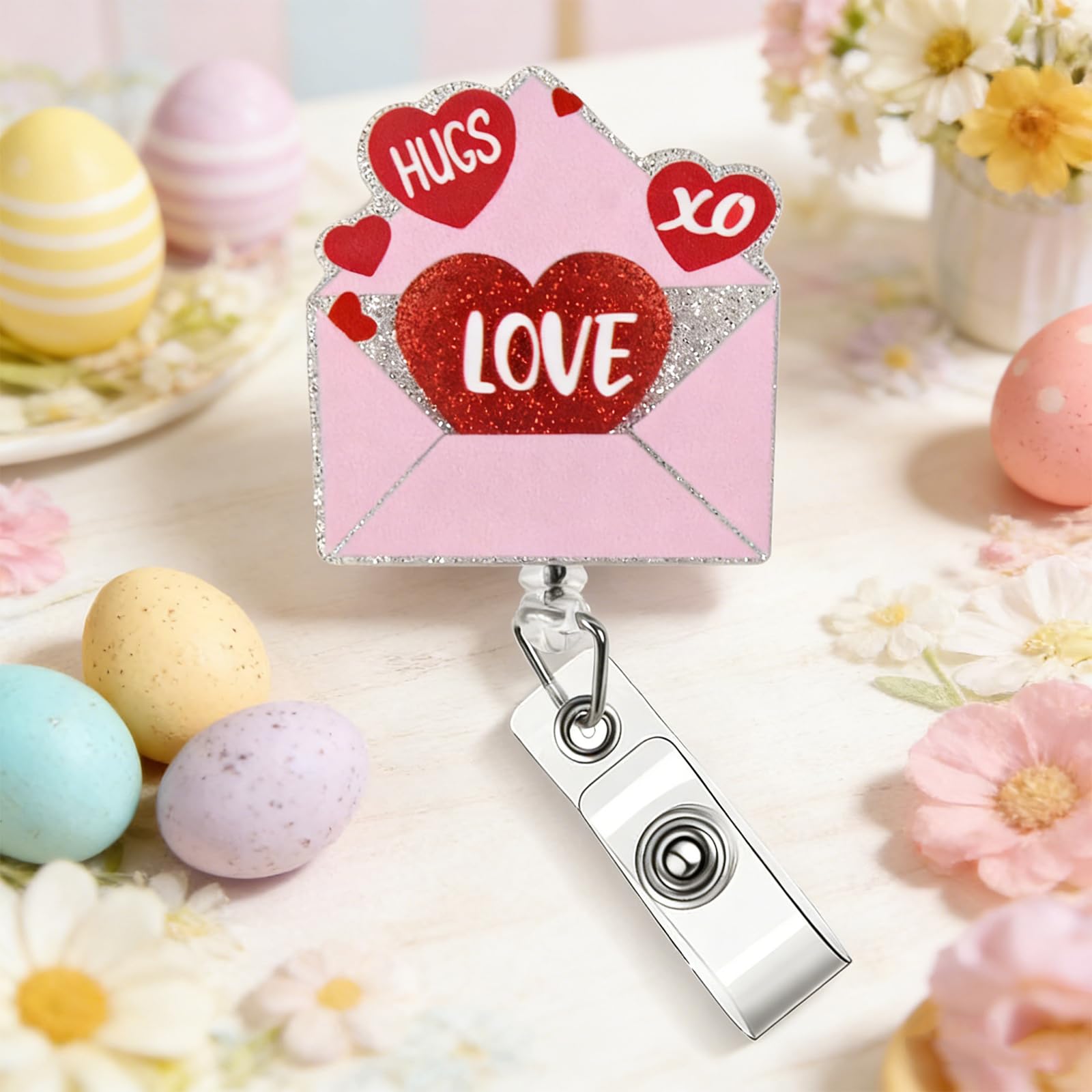Funny Valentines Nurse Badge Reel Retractable, Valentines Spring Gifts for Nurse/Girlfriend/Women/Mom Glitter Pink Love Letter Badge Reel, ID Card