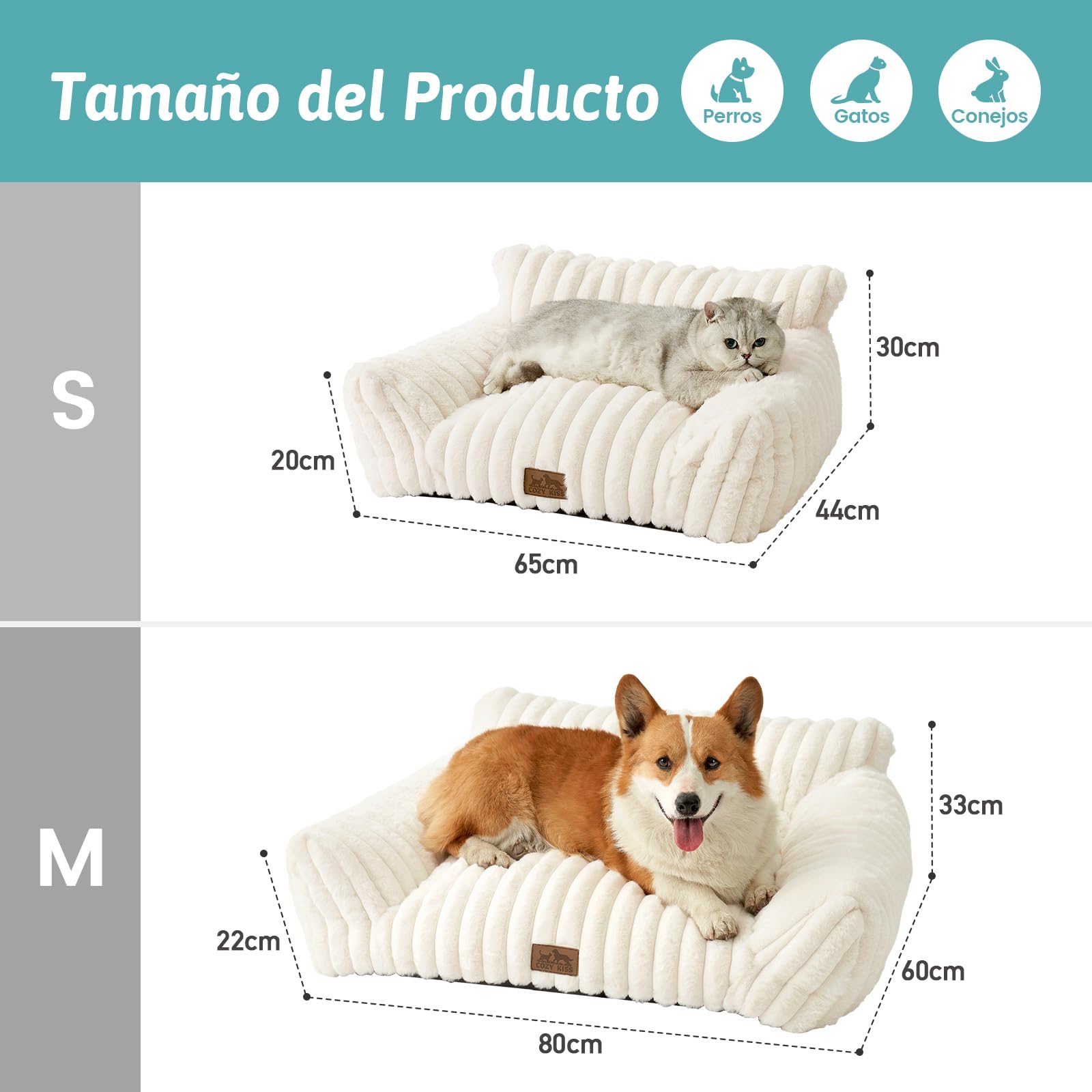 COZY KISS Cama Gato 65x44cm, Sofa Perro y Gato pequeño, Crema | Cama ortopédica para gato, soporte cabeza cuello, lavable, antideslizante, piel suave, 30cm H, Crema