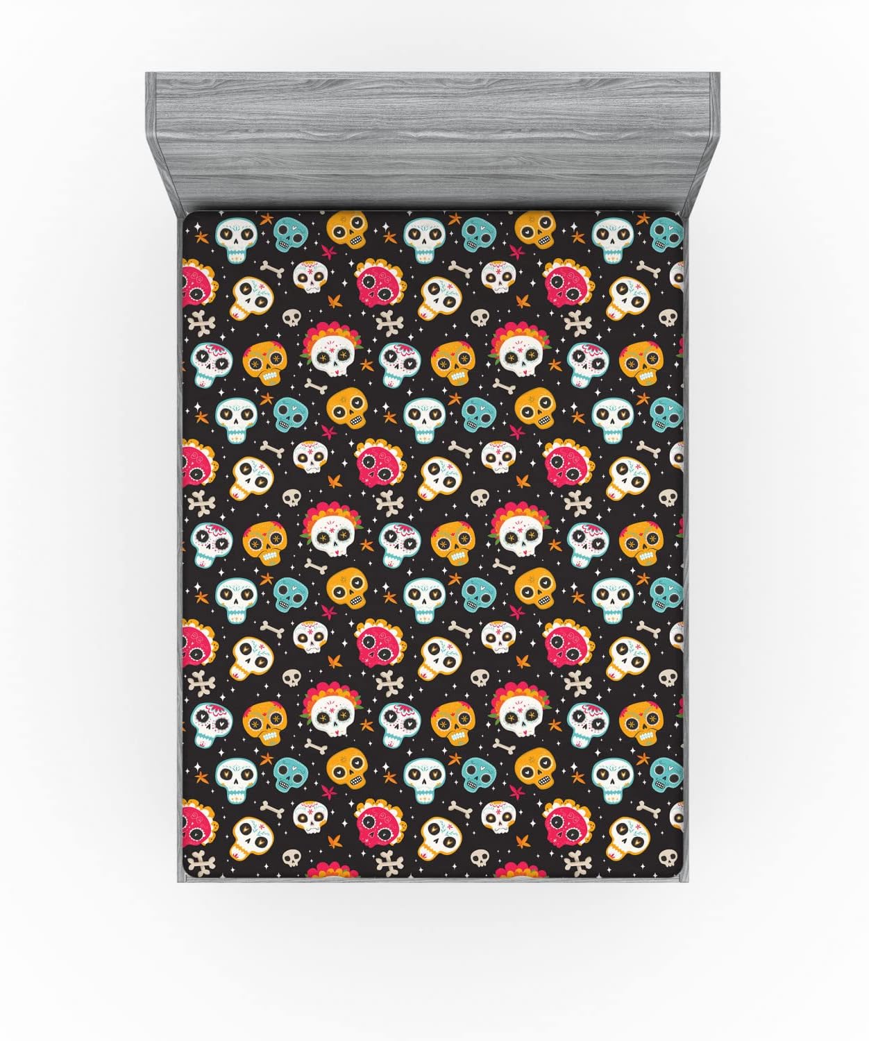 Ambesonne Sugar Skull 2 Pack Fitted Sheet, Cultural Bones Flowers, Bed Cover All-Round Elastic Deep Pockets 2 Pieces, Package Contains 2 Queen Size Fitted Sheets, Dark Brown Multicolor