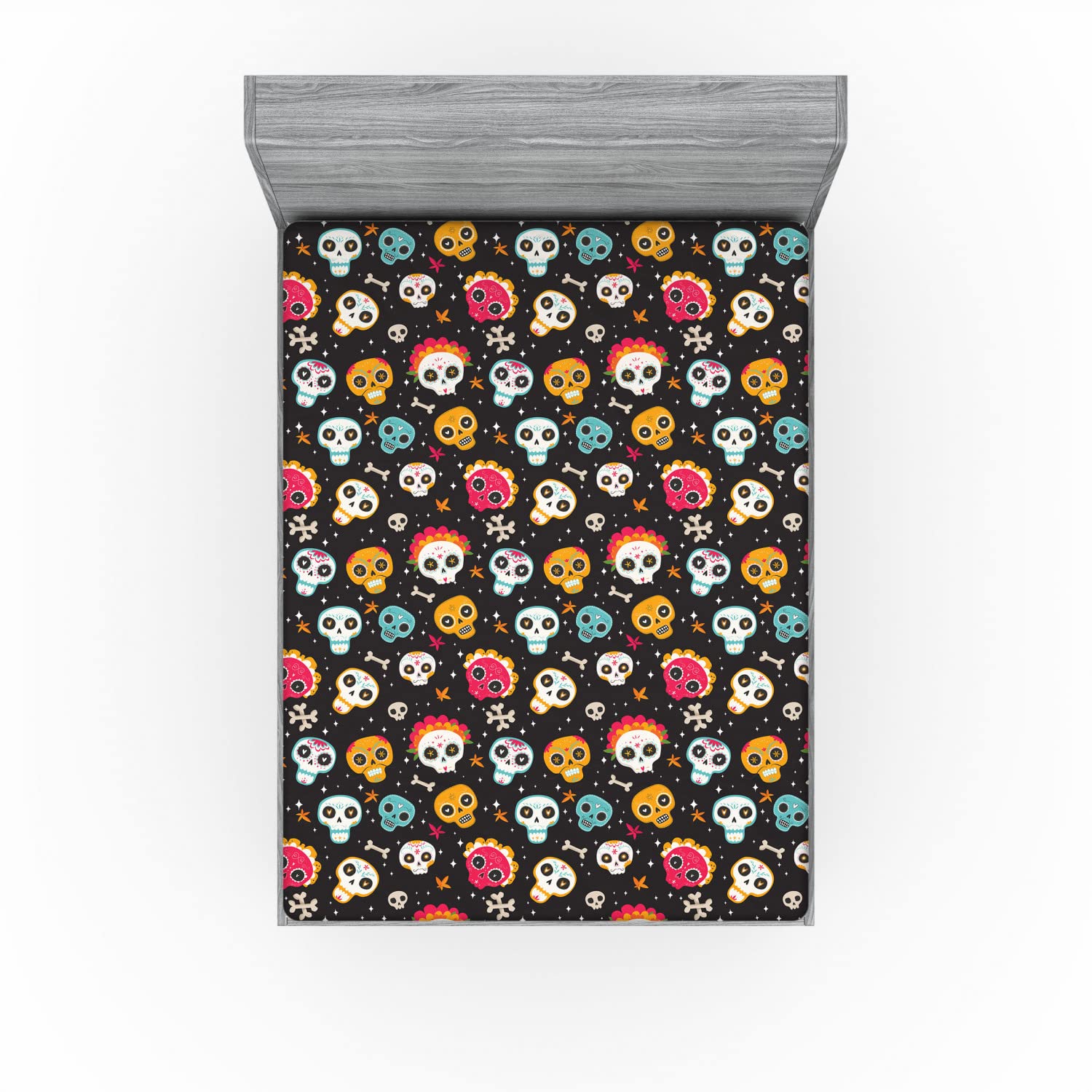 Ambesonne Sugar Skull Fitted Sheet, Colorful Traditional Holiday Pattern Bones Flowers Stars Dark Backdrop, Bed Cover All-Round Elastic Deep Pocket for Comfort, Full Size, Dark Brown Multicolor