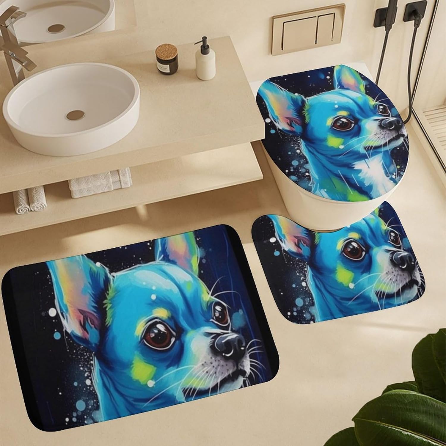 Chihuahua Pet Dog Bathroom Set, 4 Pcs - Modern Matte Polyester Bathroom Accessory Set with Shower Curtain, Bath Mat, Toilet Lid Cover Mat, Hooks & Grommets
