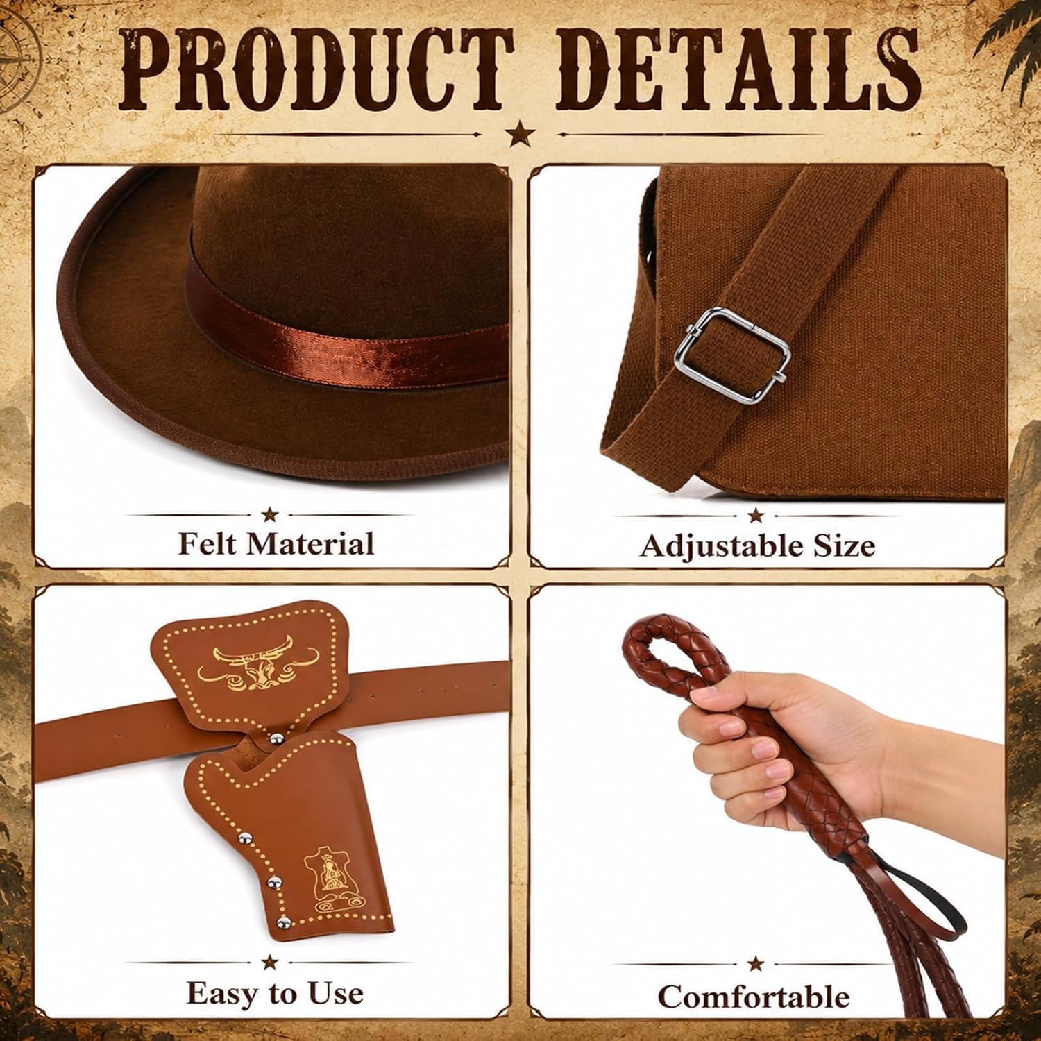 6 Pcs Halloween Adventure Costume Accessories Set for Adults, Brown Hat Shoulder Bag Belt Pouch and Whip for Party Dress Up