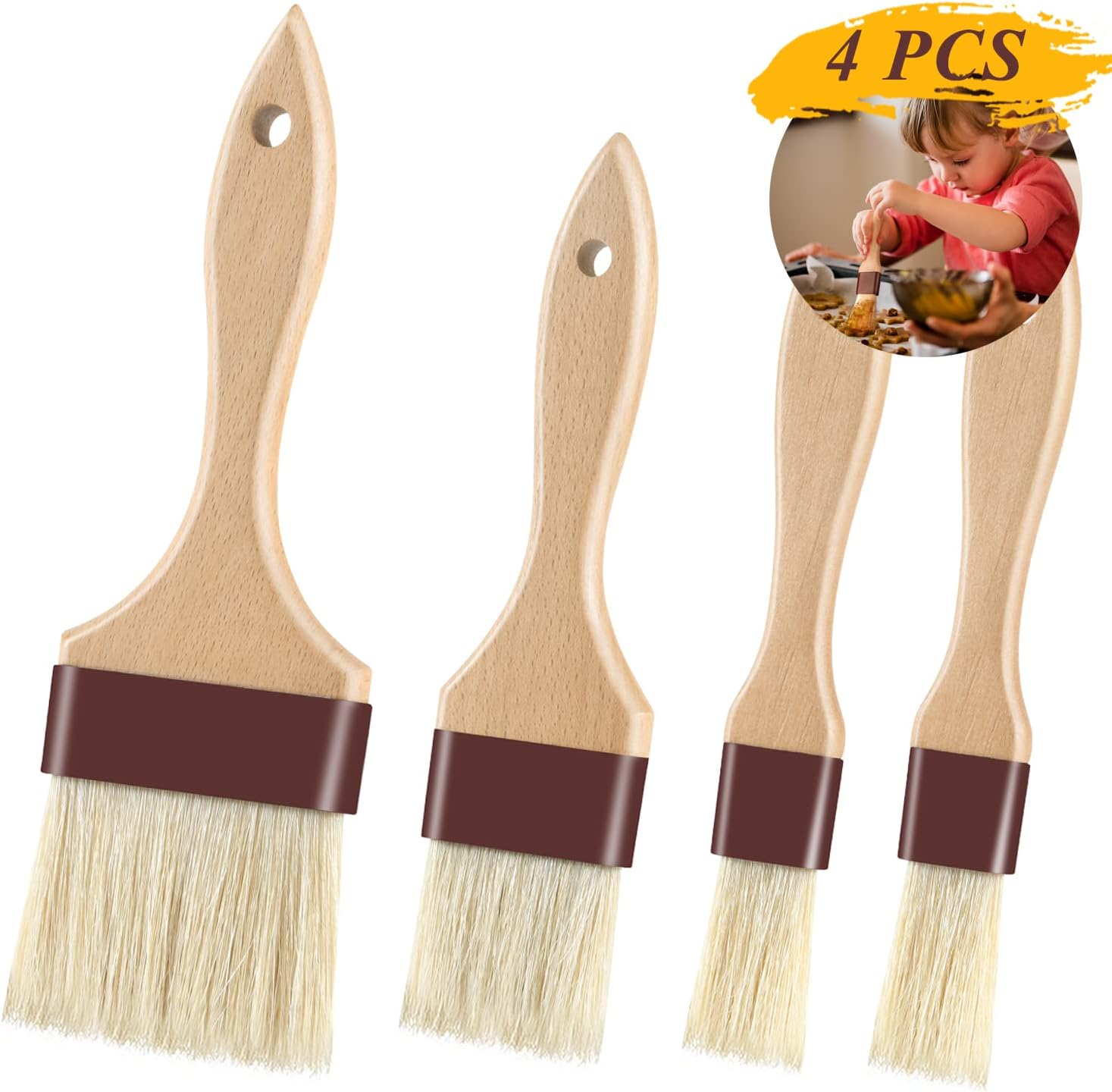 FurRain Pastry Brushes for Baking & Grilling, Boar Bristles & Beech Wood Handles, 4PCS (2*1 Inch & 2*1.5 Inch)