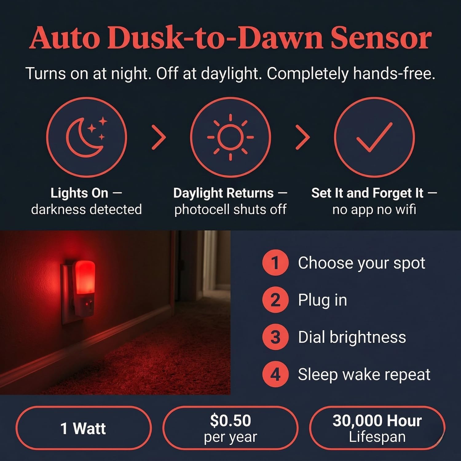 Red LED Plug-In Night Light, Dusk To Dawn Sensor, Adjustable Brightness image 5