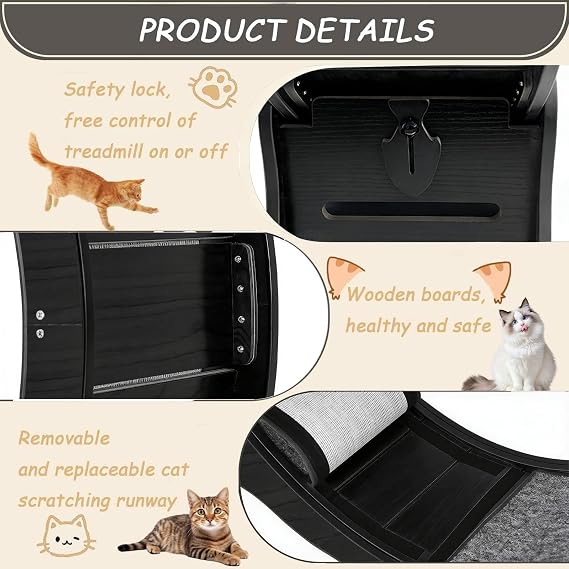 Cat Exercise Wheel - 35.4 Inch Wooden Low Noise Cat Treadmill for Indoor Cats, Detachable Carpet & Enhanced Base for Fitness, Weight Loss Size M Black