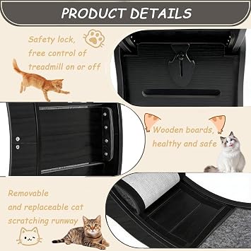 Cat Exercise Wheel - 35.4 Inch Wooden Low Noise Cat Treadmill for Indoor Cats, Detachable Carpet & Enhanced Base for Fitness, Weight Loss Size M Black