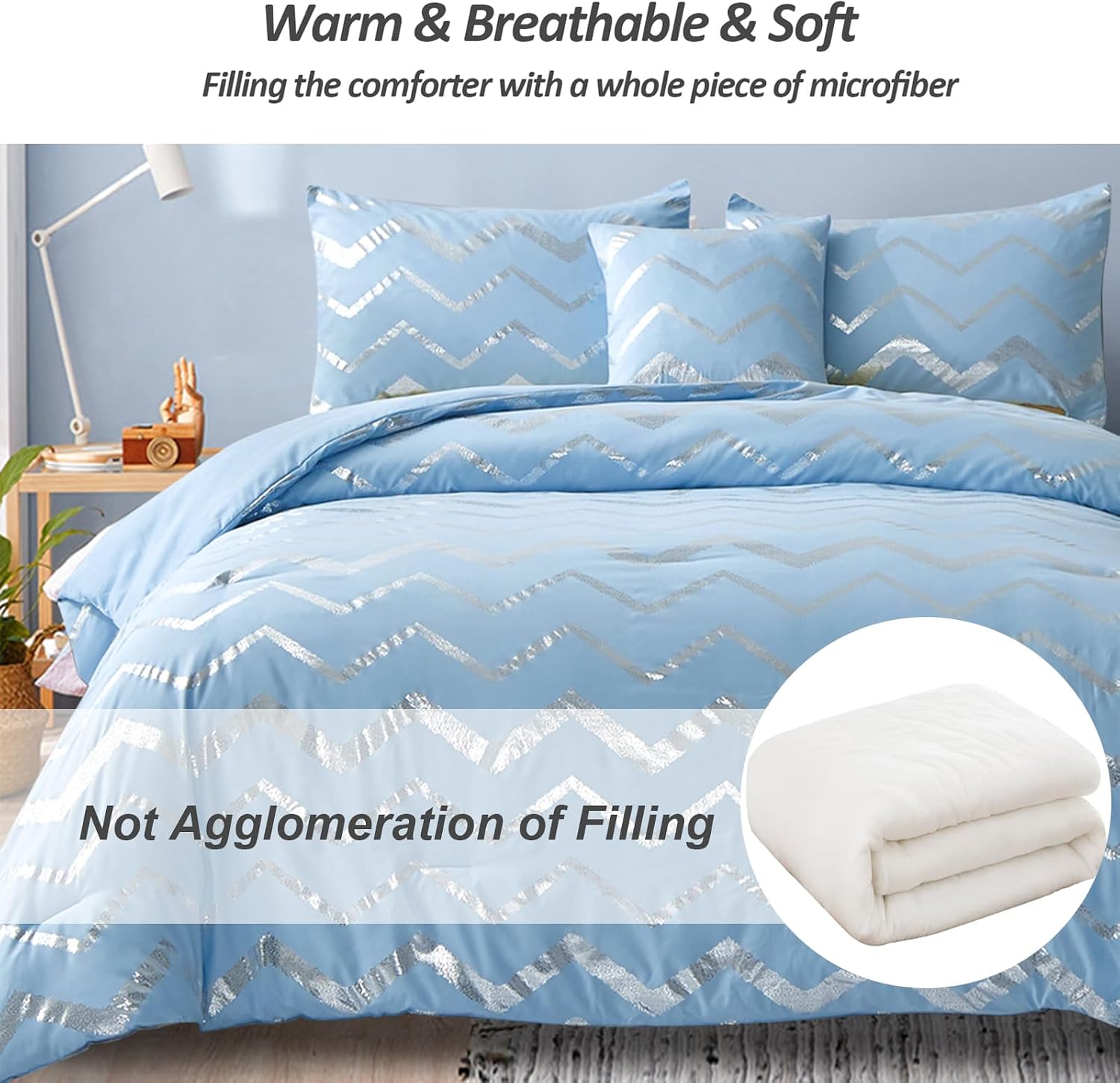 Menghomeus Blue/Silver Comforter Set 4 Piece Queen Size Bedding Set for Kid