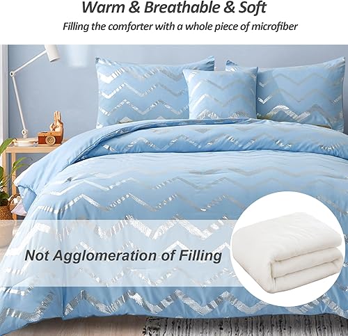 Miniatura 4 de Juego de edredón tamaño King con estampado metálico azulplateado con purpurina, bonito juego de ropa de cama brillante para adolescentes, niñas,