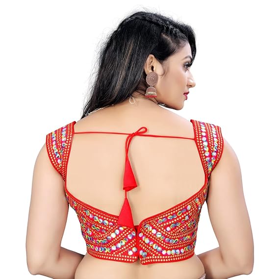 PRIMEFAIR Women's Fashion Real Mirror Embroidery Sequence Work Round Neck Sleeveless Readymade Blouse