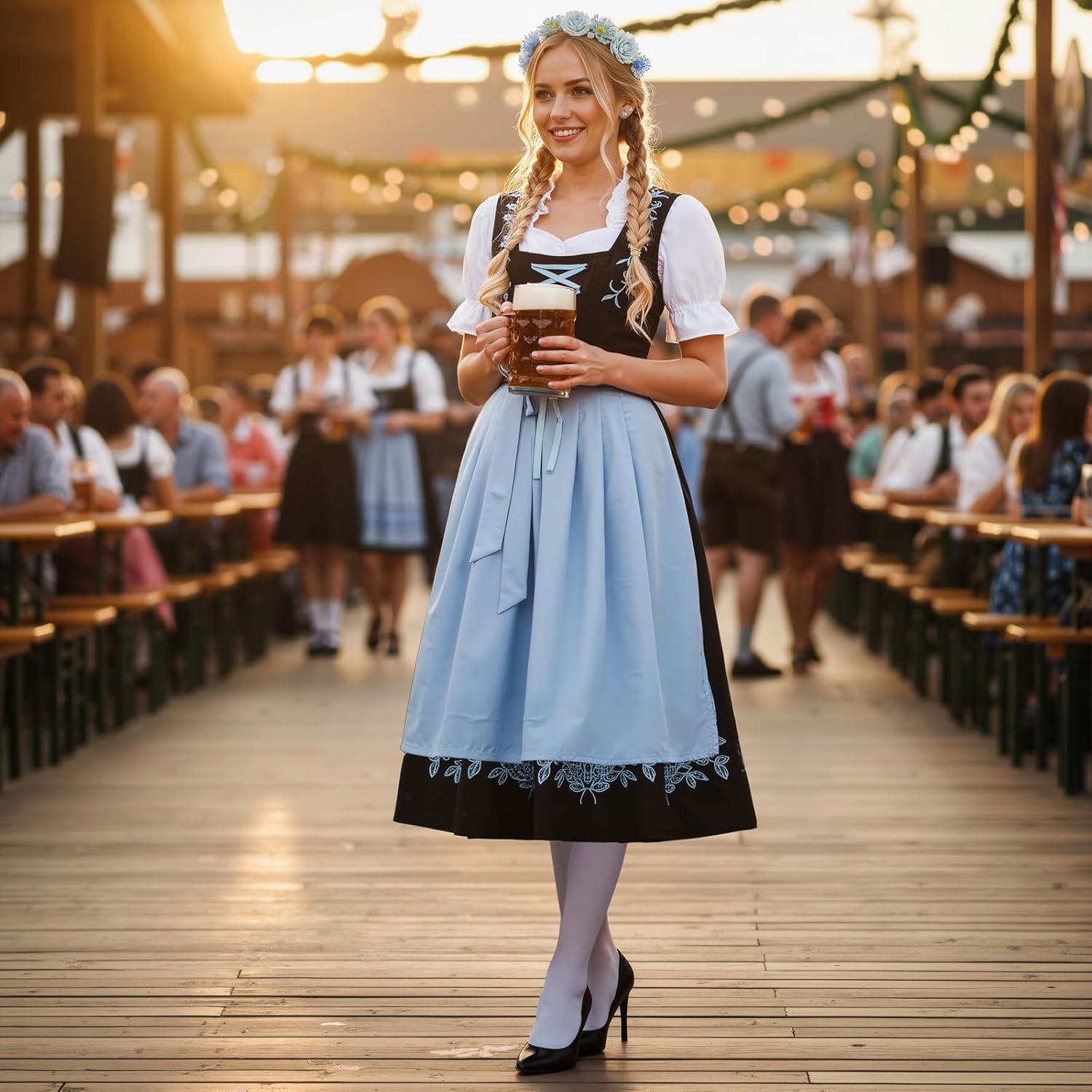 Mepase 5 Pcs Womens Oktoberfest Costume, Blue Dirndl Dress Headpieces Scarf Beer Mug Stocking German Oktoberfest Outfits