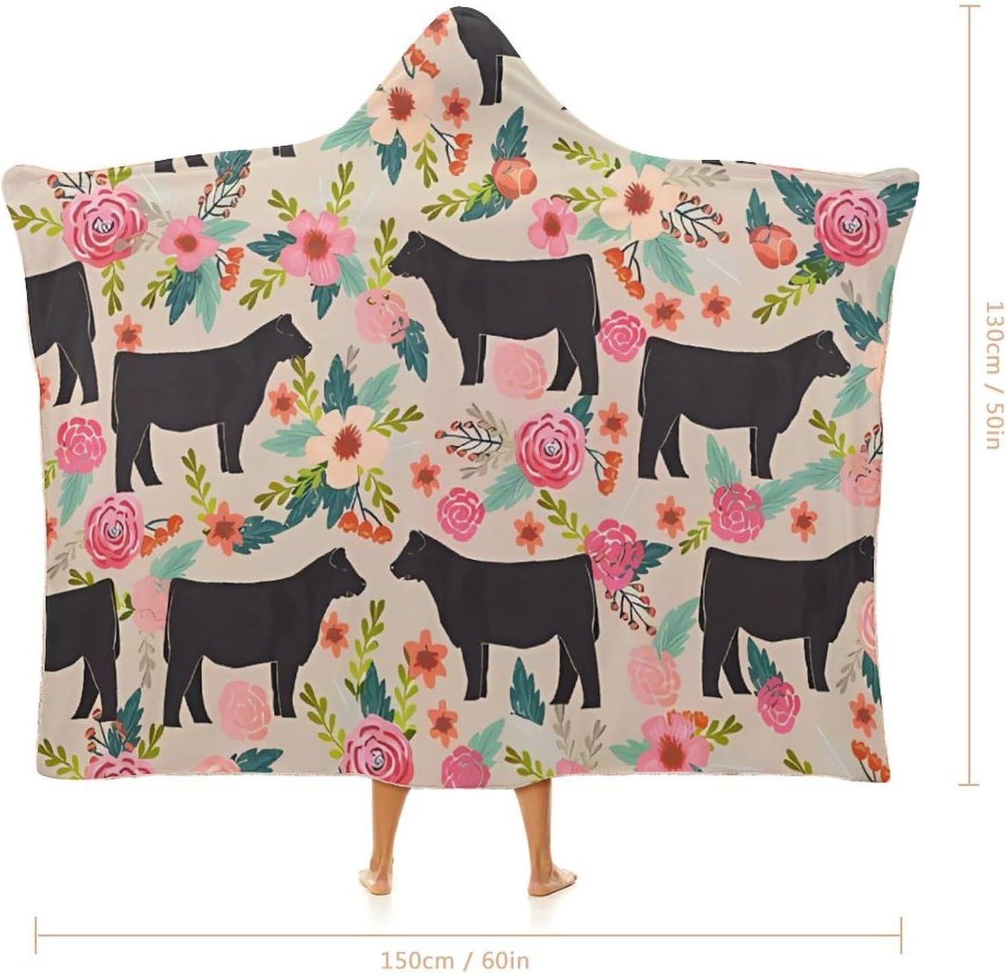 Pink Flower Show Steer Cows Cattle Wearable Fleece Blanket with Hood for Men & Women Oversized Hoodie Blanket Soft Cozy Gift-