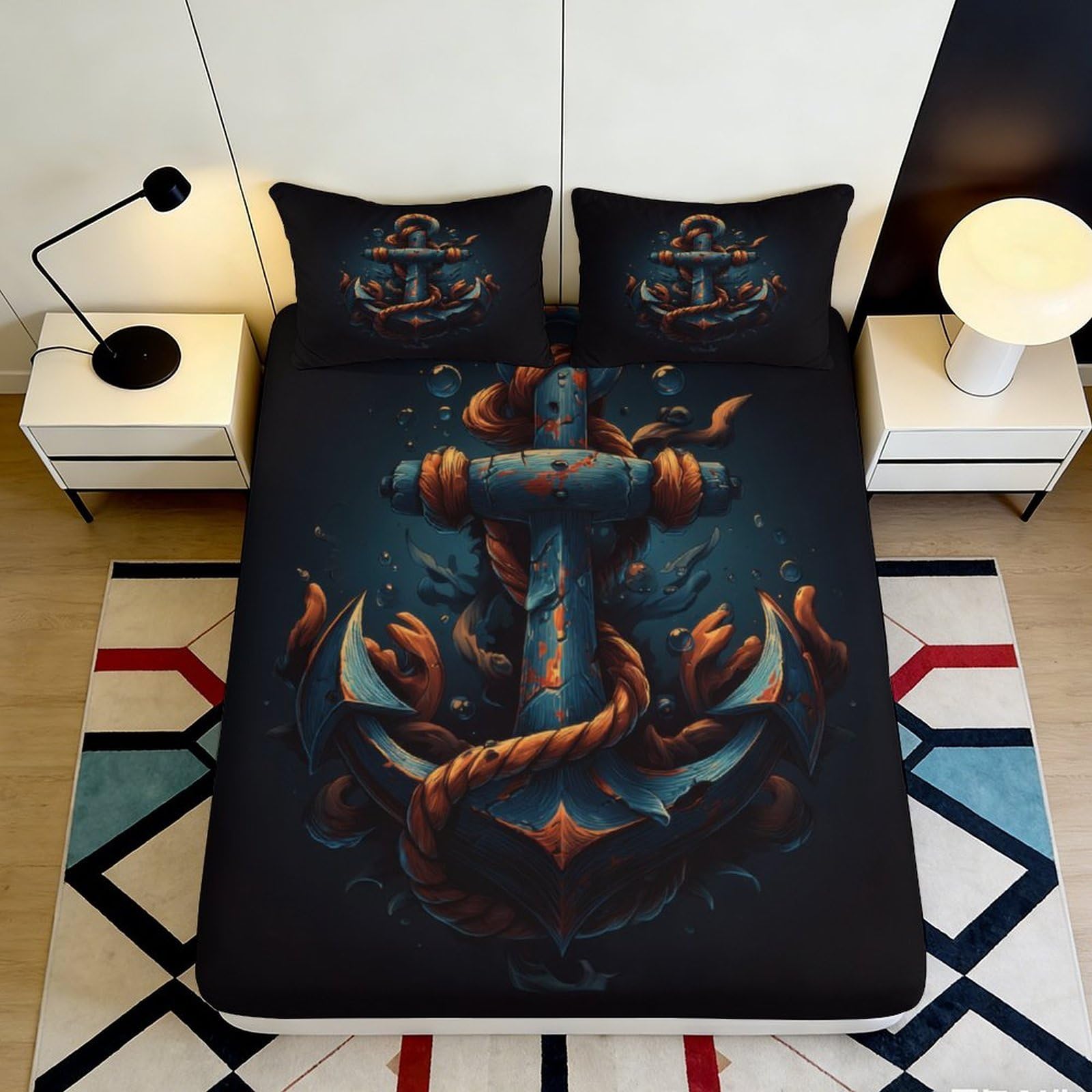 3D Printed Nautical Anchor Fitted Sheet Microfiber Ocean Rope Mattress Cover Non-Slip Washable for Bedroom Guestroom Decor 90x200x25cm