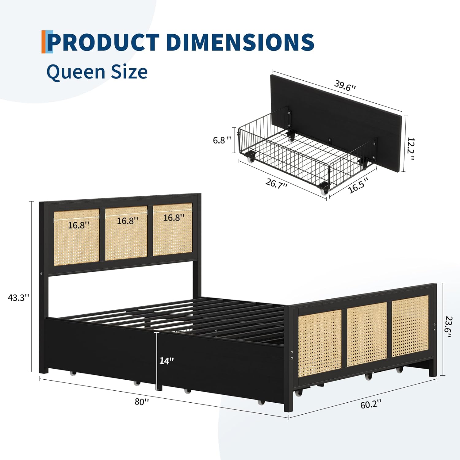 Incomplete, GarveeHome Black Rattan Bed Frame with Headboard, Boho Cane Platform Queen Bed Frame with 4 Drawers, Strong Metal Slats Support, Noise Free, No Box Spring Needed Black Queen (4 Drawers)