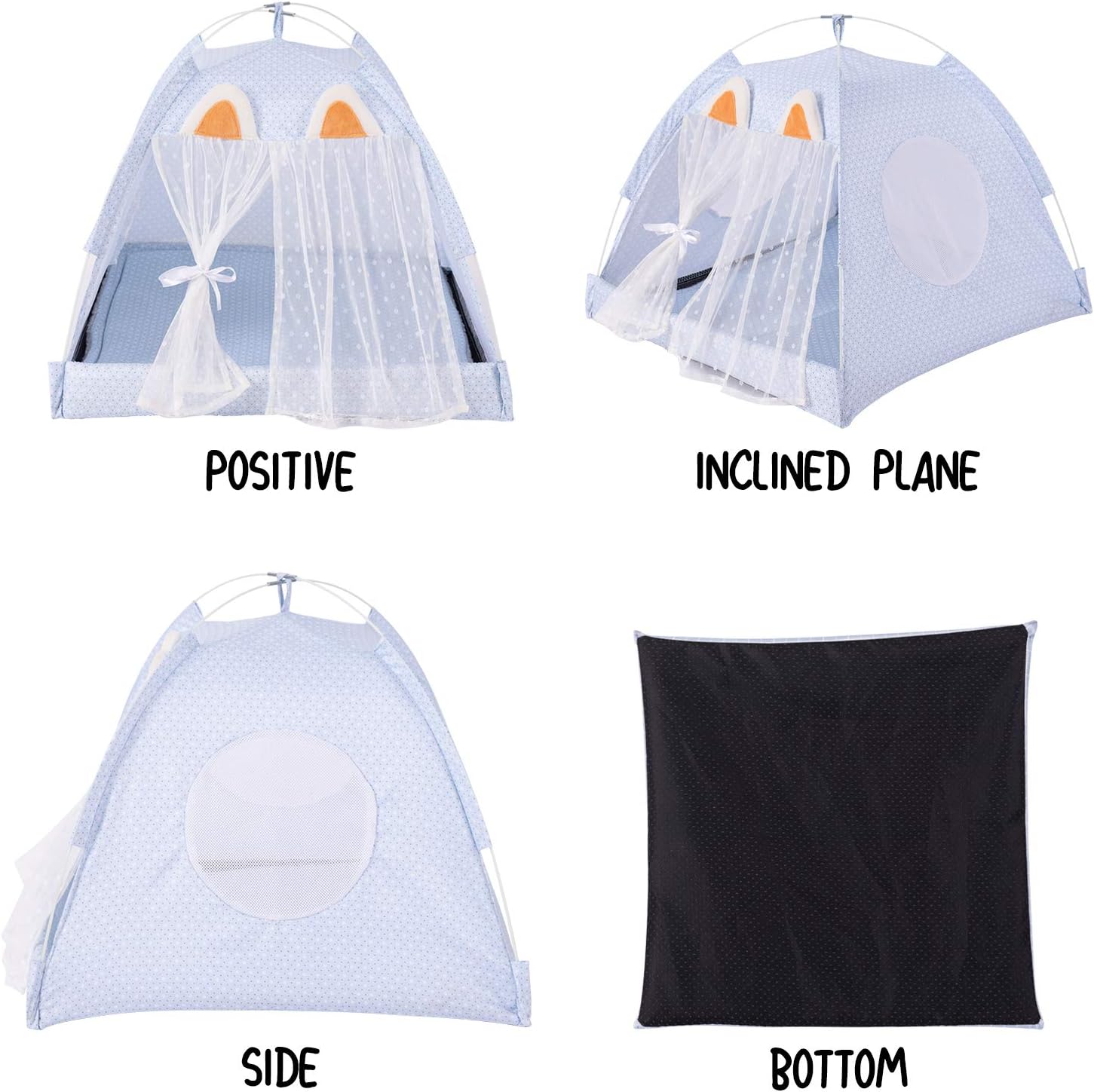 Cat Tent Cave Bed for Cat Small Dog, with Removable Washable Cushion Pillow, Portable Folding Cat Tent Kitten Bed Hut, Soft Microfiber Indoor Pet Bed Tent Warm Cozy Cave (Large, Blue Cat Ear)