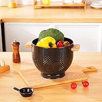 Vista 72 de Colador de metal con mango de madera y base estable, cesta coladora de cocina de acero con recubrimiento en polvo para escurrir pasta, verduras
