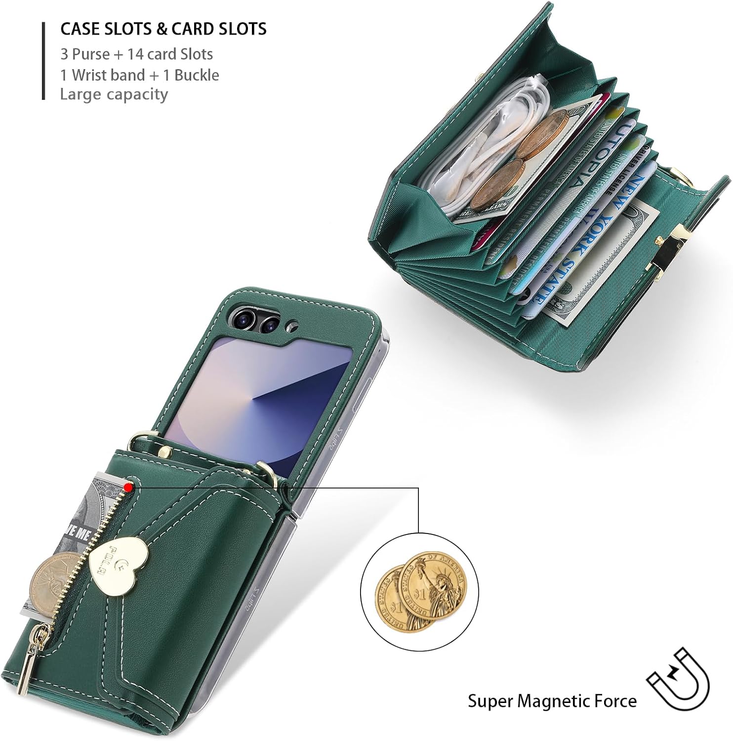for Samsung Galaxy Z Flip 5 Wallet Case, Love Clasp Flip Wallet, 8 Card Slots Large Capacity, Long Strap. Mini Z Flip 5 Case for Young Fashionable Women Green