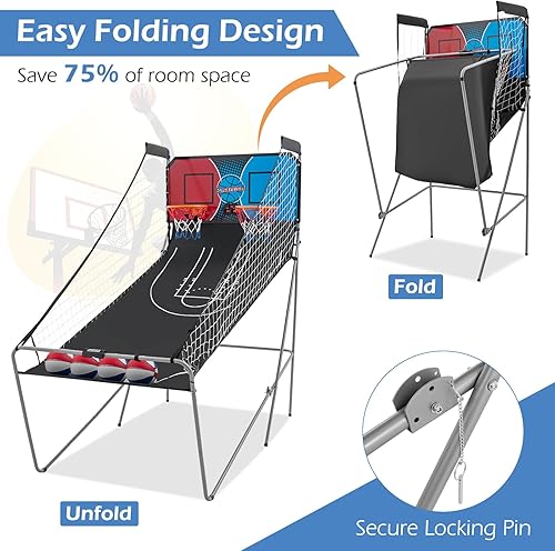 Vista 13 de Goplus Juego de arcada de baloncesto plegable de doble tiro, juego de aro de baloncesto con puntuación electrónica, 8 modos de juego, 4 bolas, Negro
