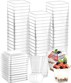 Syvory Tazas de Postre 50PCS,Vasos De Postre Cuadrados Plástico Copas de 160 Ml,Vasos de Pudín Reutilizables con Tapa y Cucharas para Pudín, Mousse, Helado, Cumpleaños, Bodas