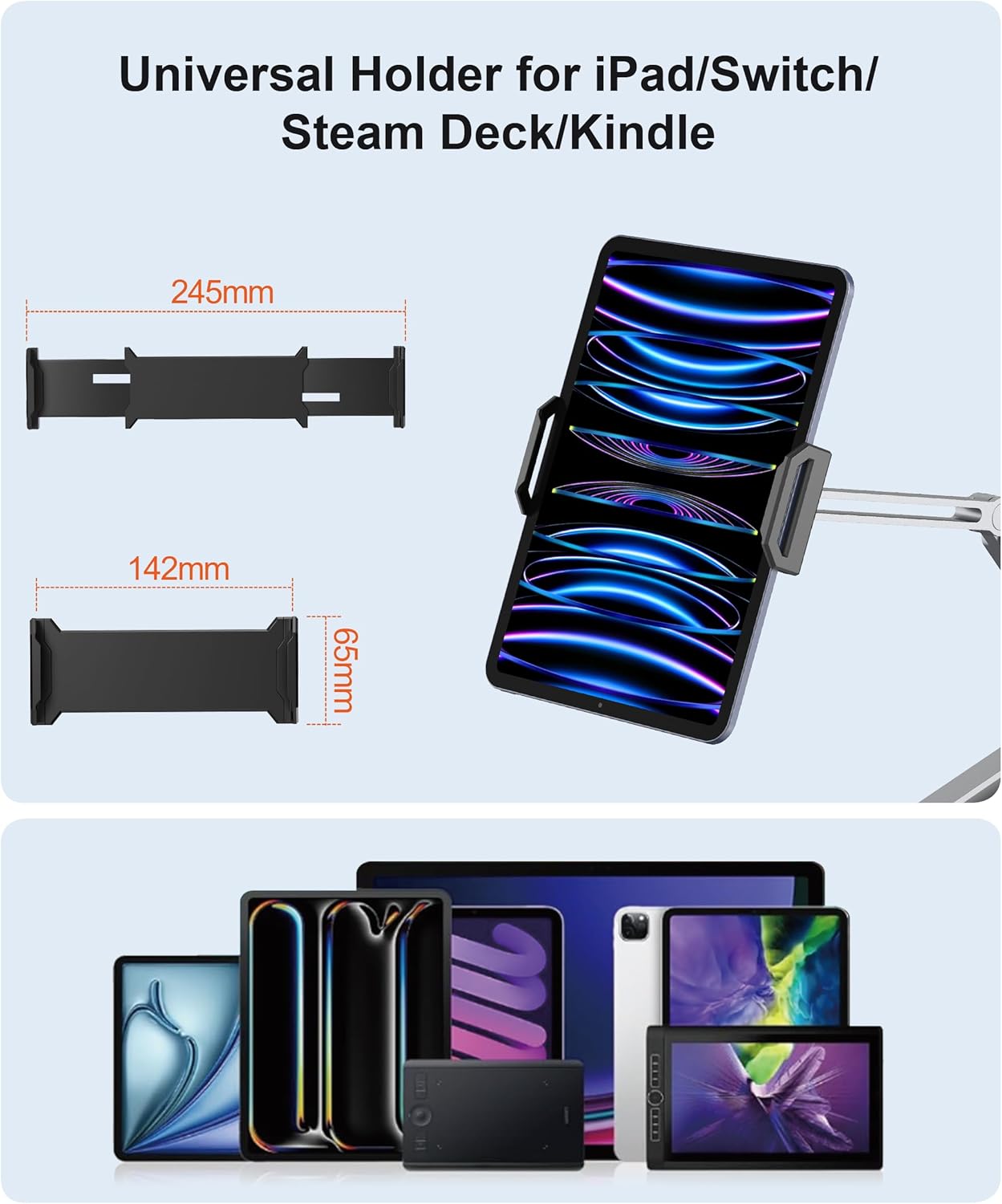 YICOSUN Tablet Arm Mount with Super Grip, Adjustable Foldable Holder & Heavy Duty Aluminum 360° Rotating Clamp for iPad, Phone, Monitor, Kindle - Universal for Desk, Bed, Kitchen - Silver