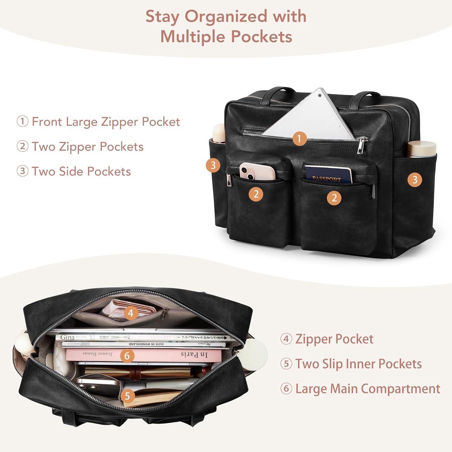 KALIDI Tote Bag Vegan Leather Women Pocket Utility Bag Faux Leather Shoulder Travel Purse Vintage Handbag for Work - Image 4