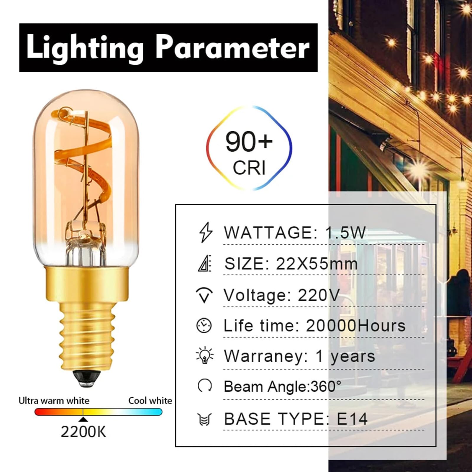 Bombilla LED tubular T22GS de 1.5 W filamento en espiral minilámpara de luz casquillo E14 220V 2200 K lámpara colgante de cristal ámbar amarillo cálido (paquete de 24)
