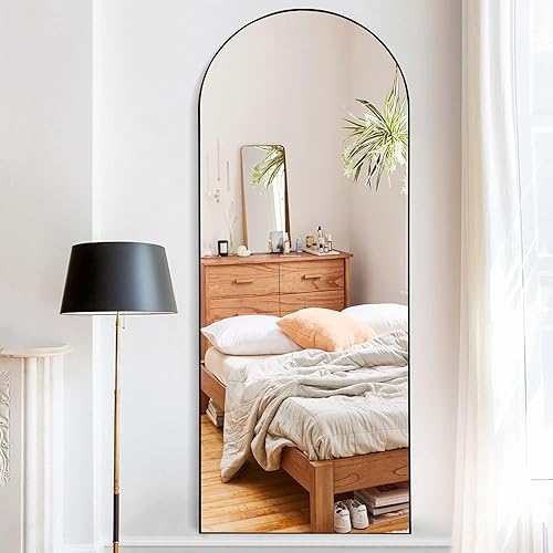 MIRUO - Espejo grande de longitud completa y arqueado para colgar o apoyar en la pared y un soporte para el suelo, con marco de madera para el