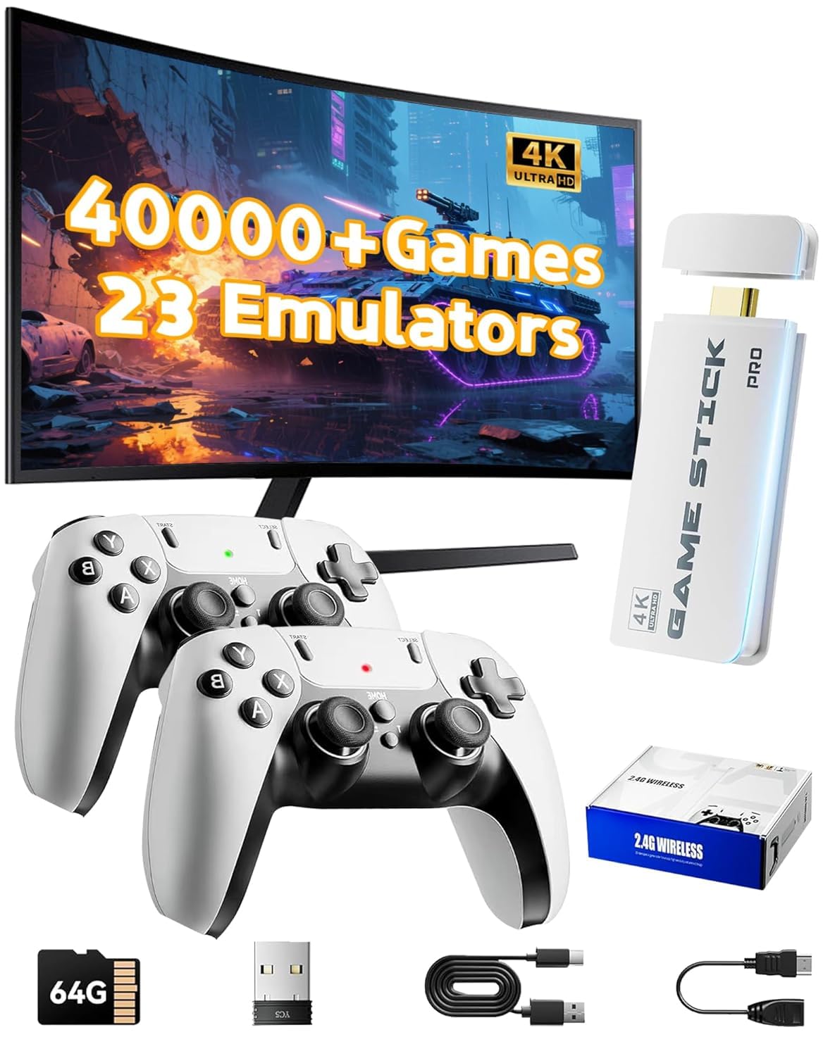 2026 upgraded retro gaming console stick, video games stick built-in 23 emulators console projector, 40000+ game system with 4k hdmi, plug and play tv video game stick with dual 2.4g wireless controllers