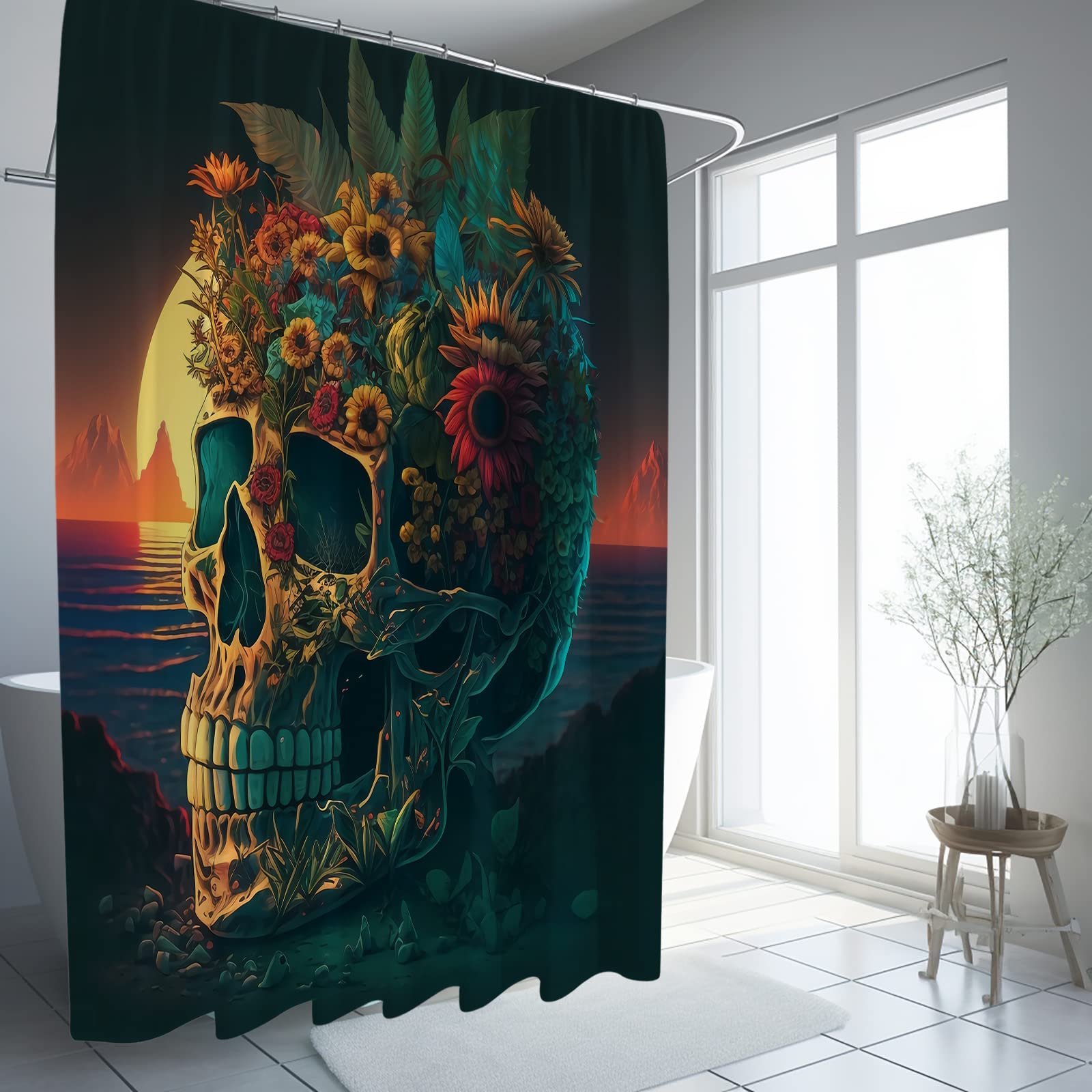 Rideau de douche champignon boho et lune en tissu pour déco salle de bain mystique