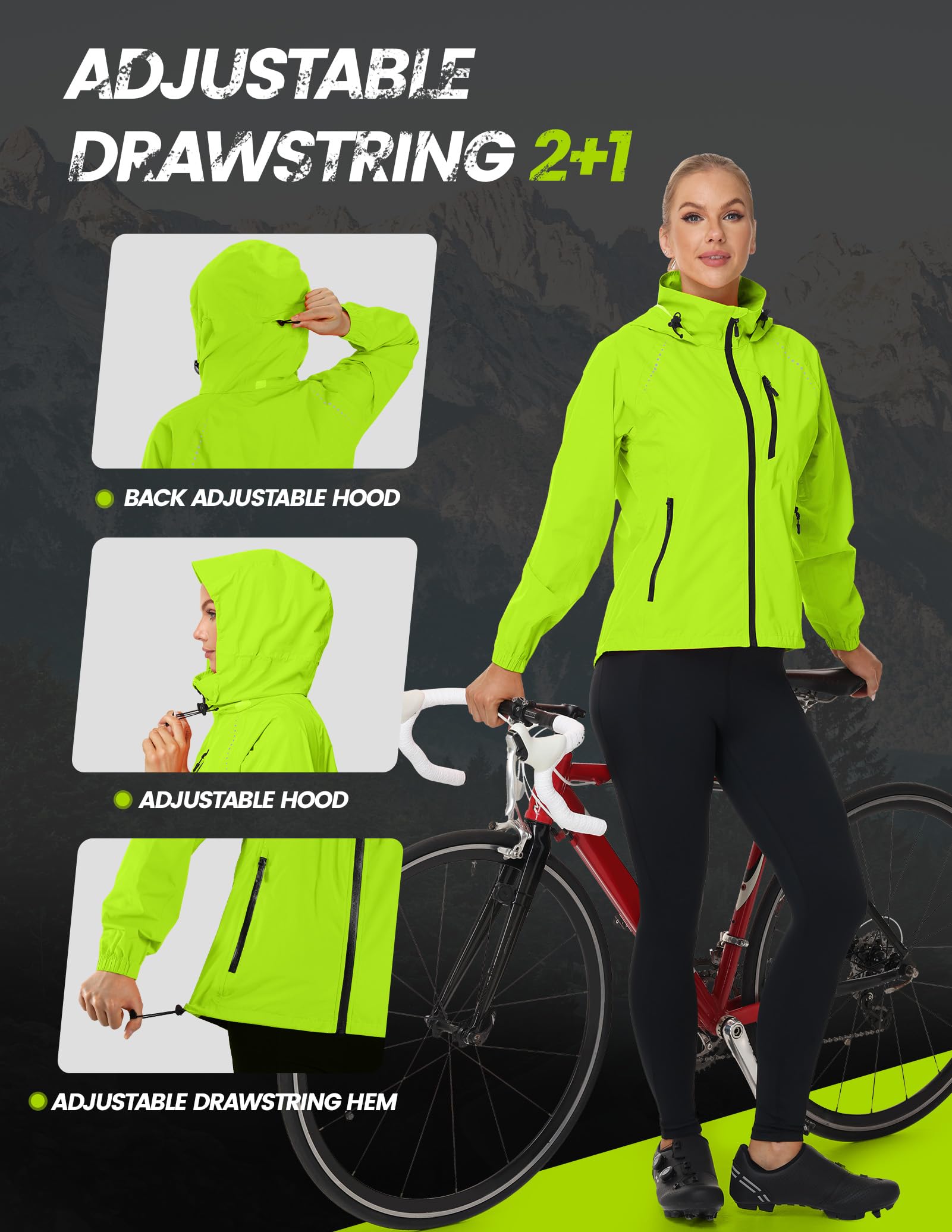 Nepest Fahrradjacke Wasserdicht Damen Regenjacke, 10k mm WassersäUle, 5.000 G/M²/24hr Atmungsaktiv Laufjacke, Leichte Faltbar Reflektierend Outdoorjacke mit 6 Taschen, für MTB Laufen Wandern
