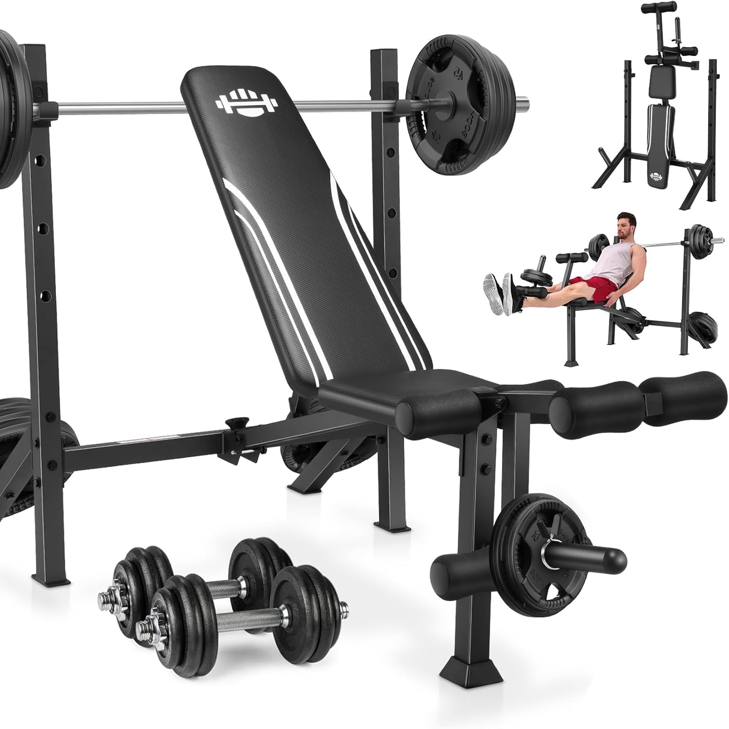 OPPSDECOR Weight Bench Set, Folding Workout Bench with Squat Rack Leg Extension & Leg Curl, Adjustable Back/Barbell Rack for Bench Press Strength Training, Flat Incline Decline Gym Bench