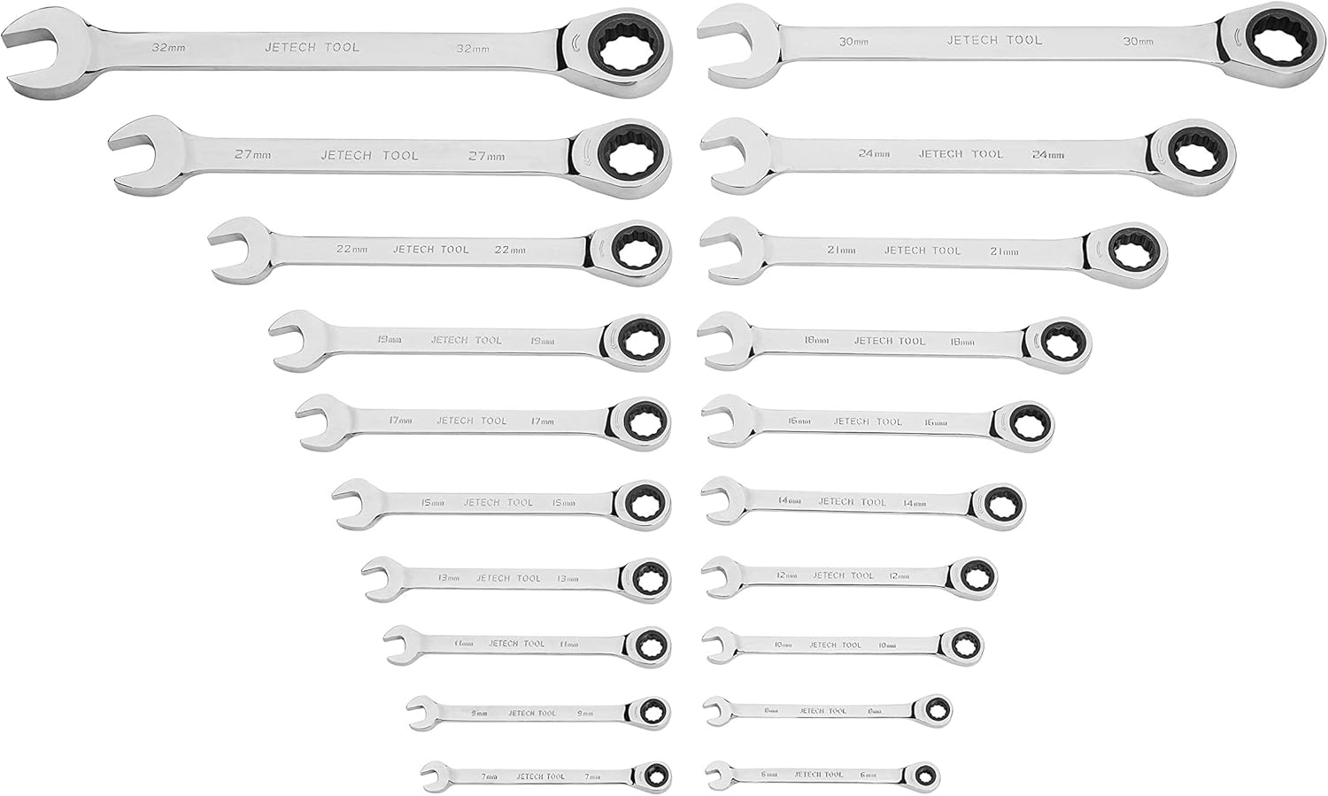 Jetech 20PCS Ratcheting Combination Wrench Set, Industrial Grade Gear Spanners, 12-Point Design, 72-Tooth Ratchet, Made with Forged and Heat-Treated Cr-V Steel in Chrome Plating, Metric Size 6m-32mm