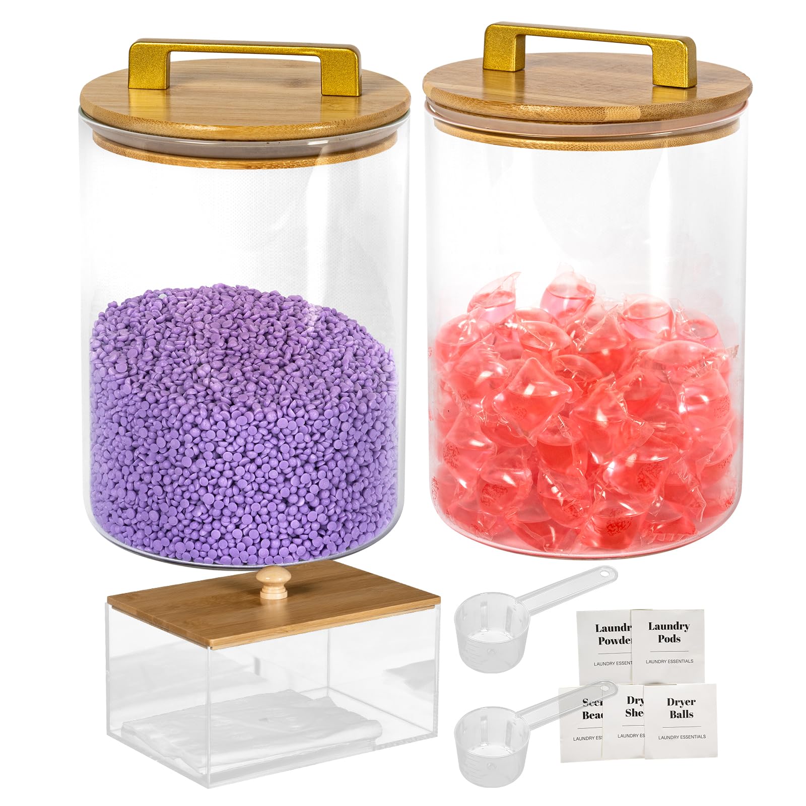 Glass Jars For Laundry Room Organization and Storage, 2 Pack -0.9 Gallon Laundry Detergent Containers for Scent Beads, Powder,Pods With Lids, 5 Labels, 2 Scoops，1 Acrylic Dryer Sheet Holder Included
